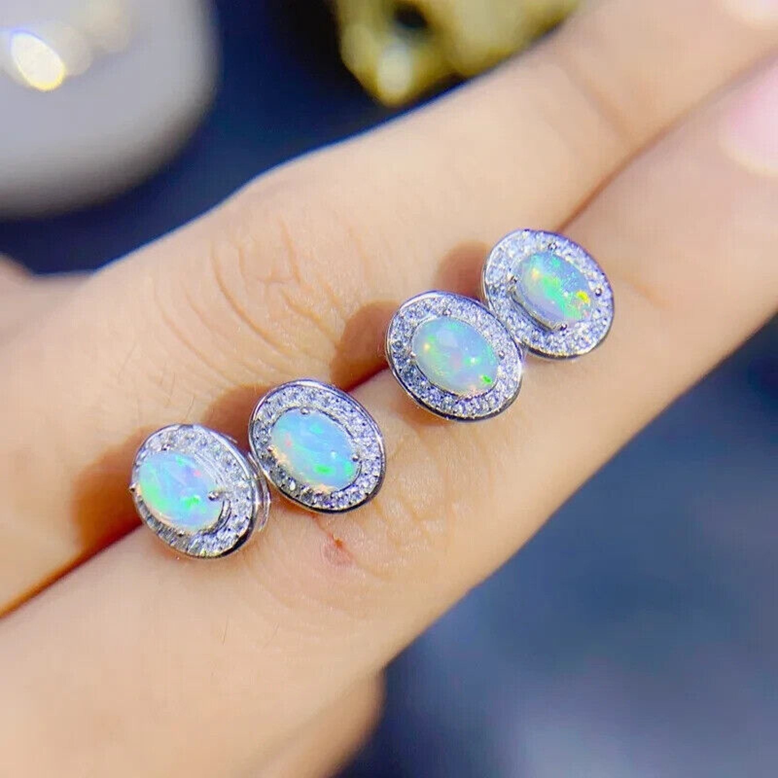 White Fire Opal Stud Earrings, Natural Opal 4x6mm Stud Earrings Sterling Silver