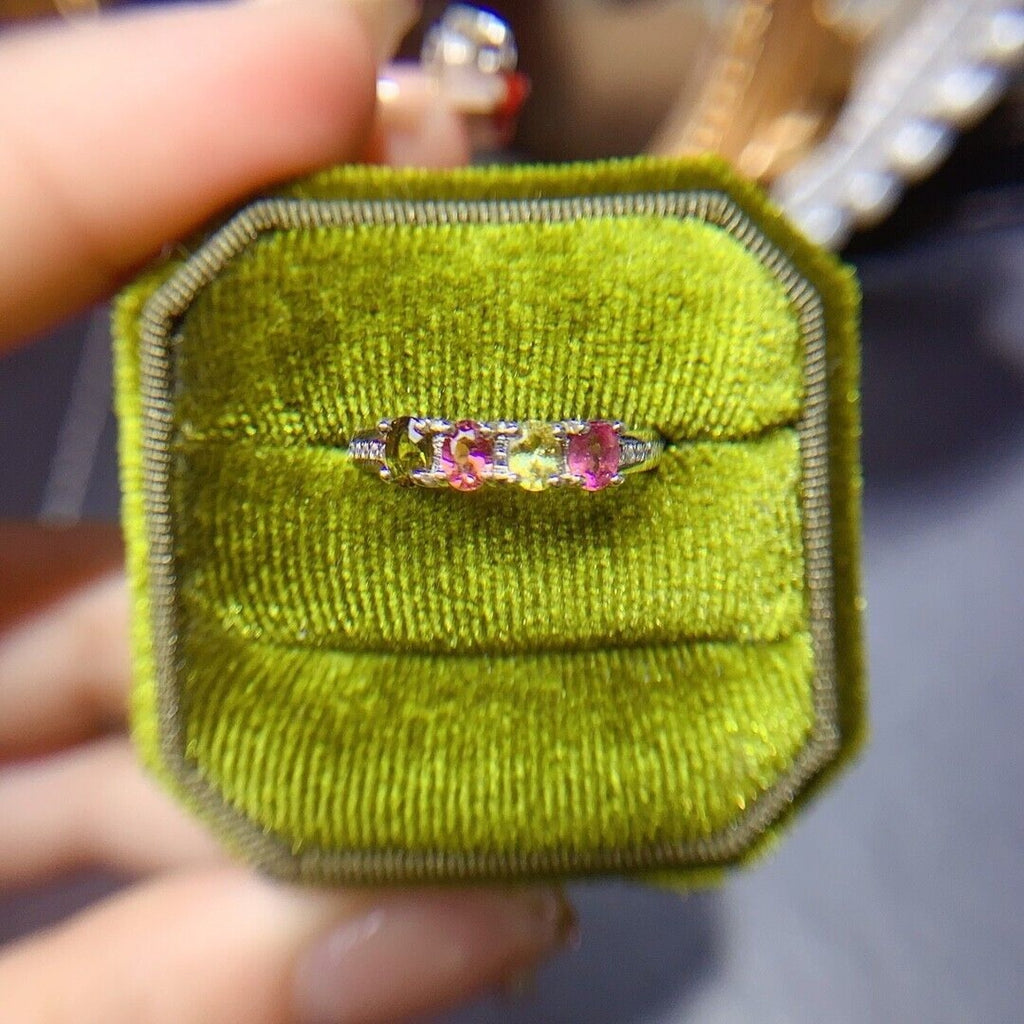 Multicolor Tourmaline Band Ring, Women's Tourmaline Gemstone Ring Silver