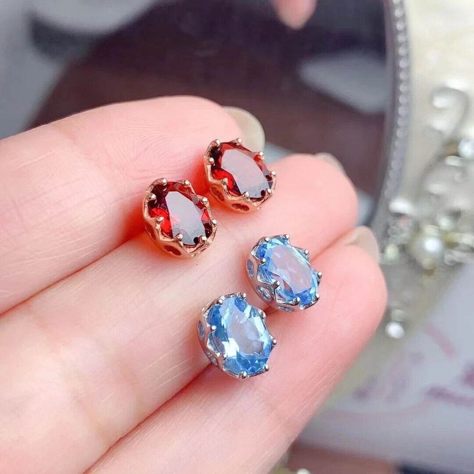 Natural Red Garnet Stud Earrings 6x8mm Platinum Plated, Red Garnet Stud Earrings