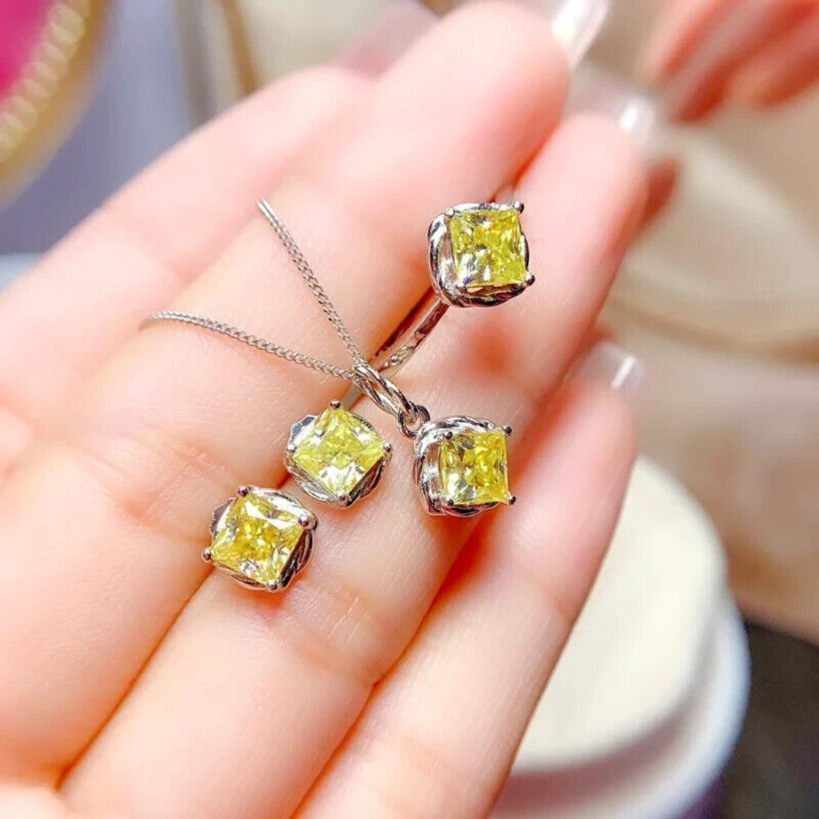 1 CT Yellow Moissanite Jewelry Set, Women's Light Yellow Moissanite Jewelry