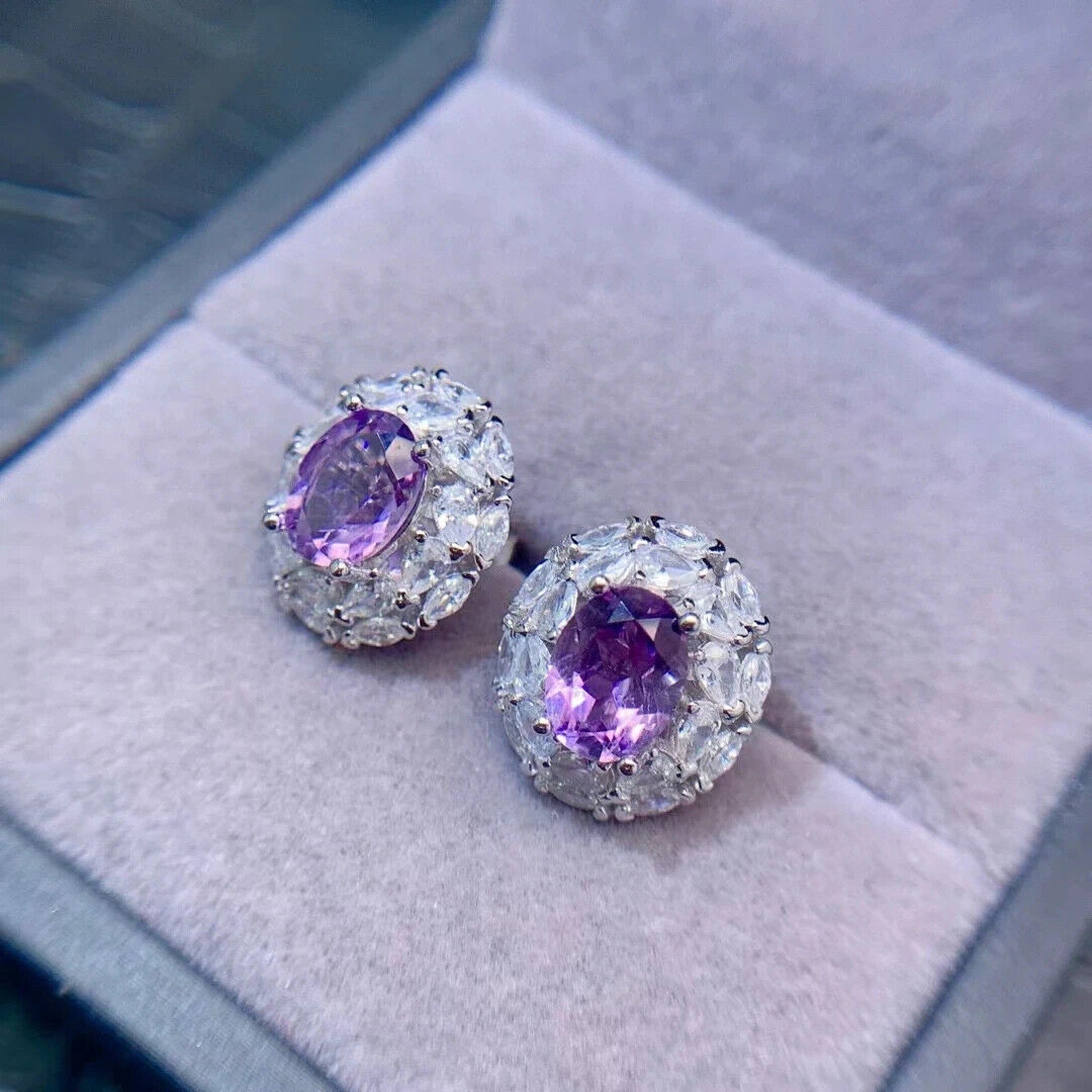 Amethyst Stud Earrings Oval Cut 6x8mm Platinum Plated, Purple Amethyst Earrings