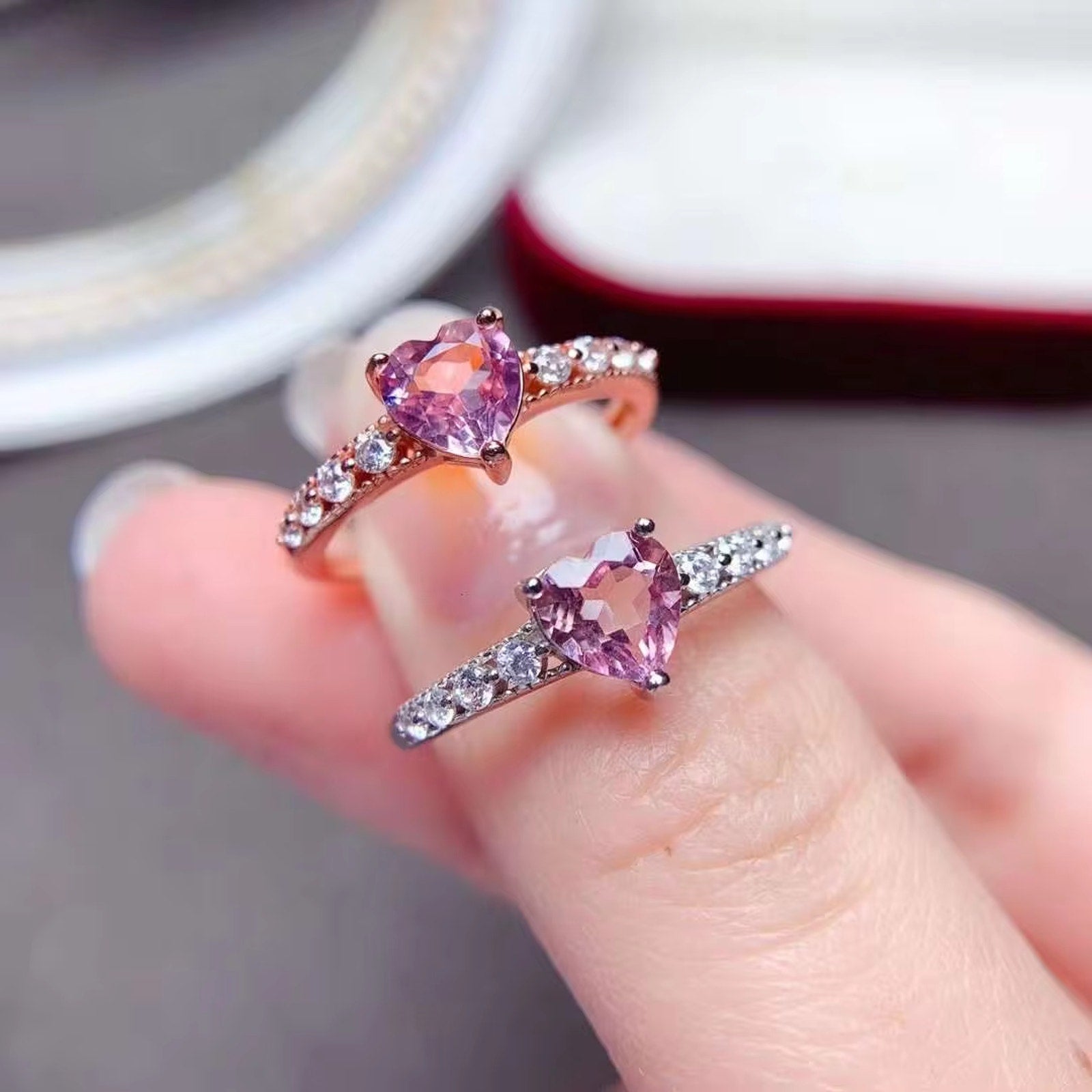 Pink Powder Tourmaline Heart Ring, Natural Pink Tourmaline Gemstone Ring