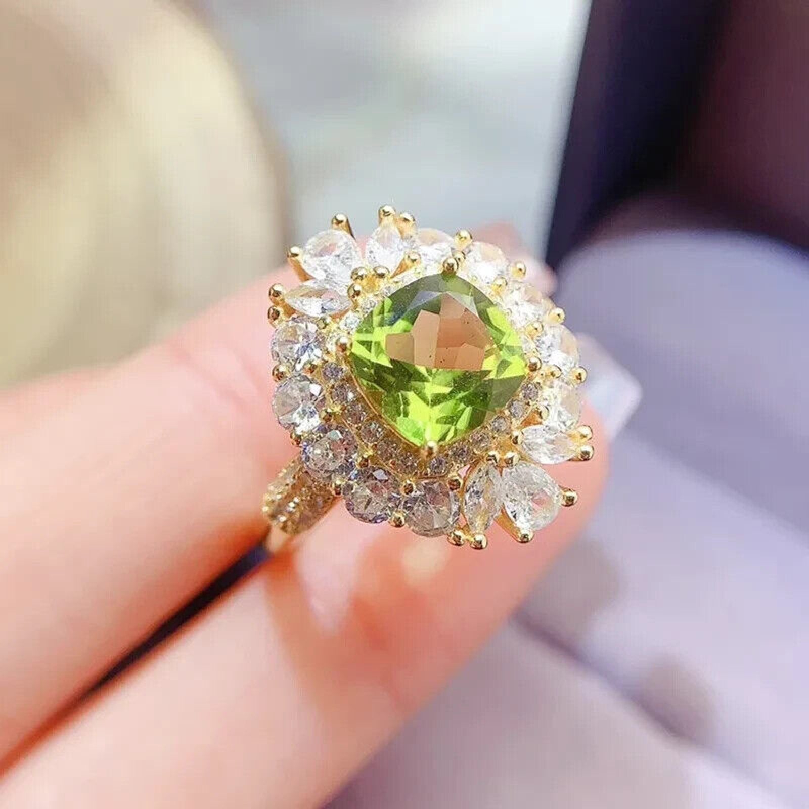 Natural Peridot Gemstone Crystal Cluster Ring 8mm
