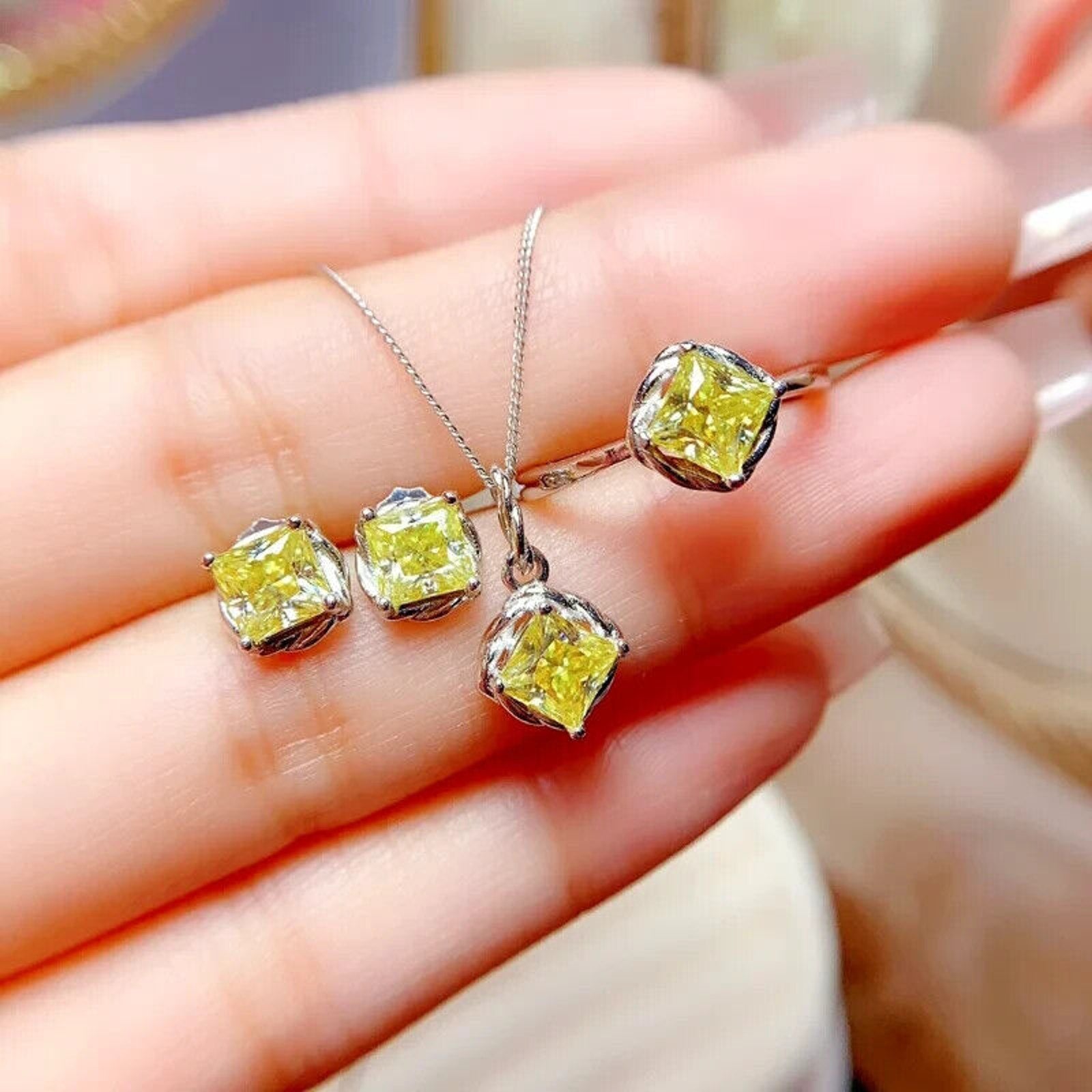 1 CT Yellow Moissanite Jewelry Set, Women's Light Yellow Moissanite Jewelry