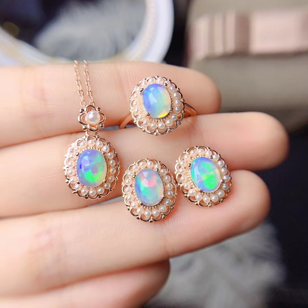 Fire Opal and Faux Pearl Jewelry Set, Natural Fire Opal Necklace and Ring