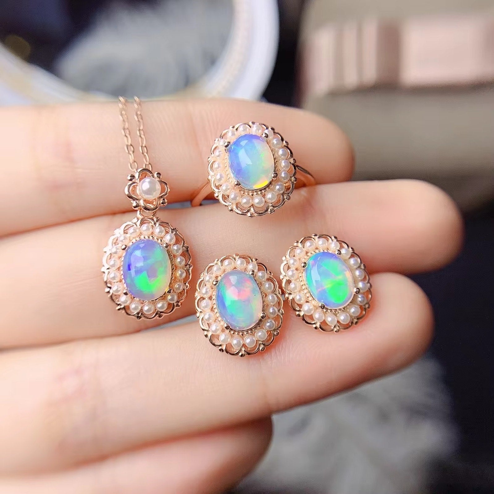 Fire Opal and Faux Pearl Jewelry Set, Natural Fire Opal Necklace and Ring