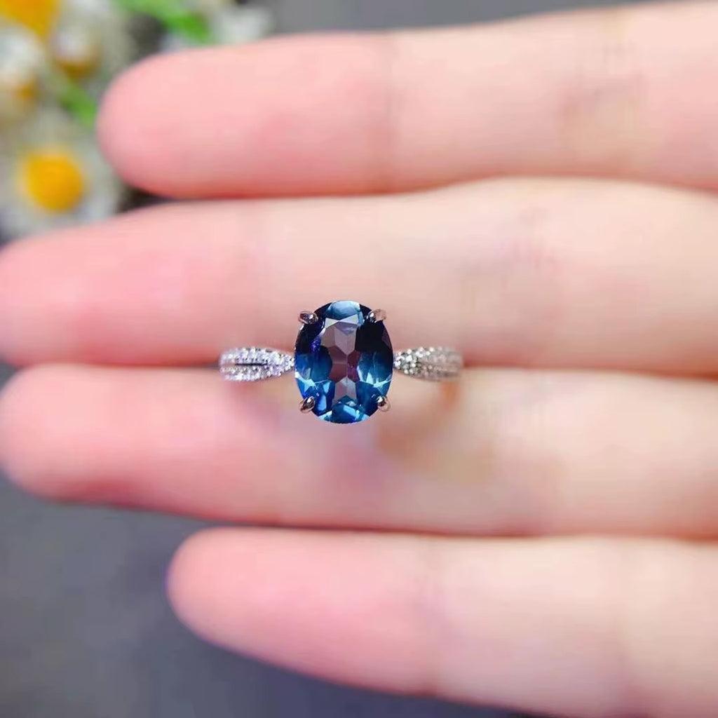 2CT Natural London Blue Topaz Gemstone Ring, London Blue Topaz Ring 8x10mm