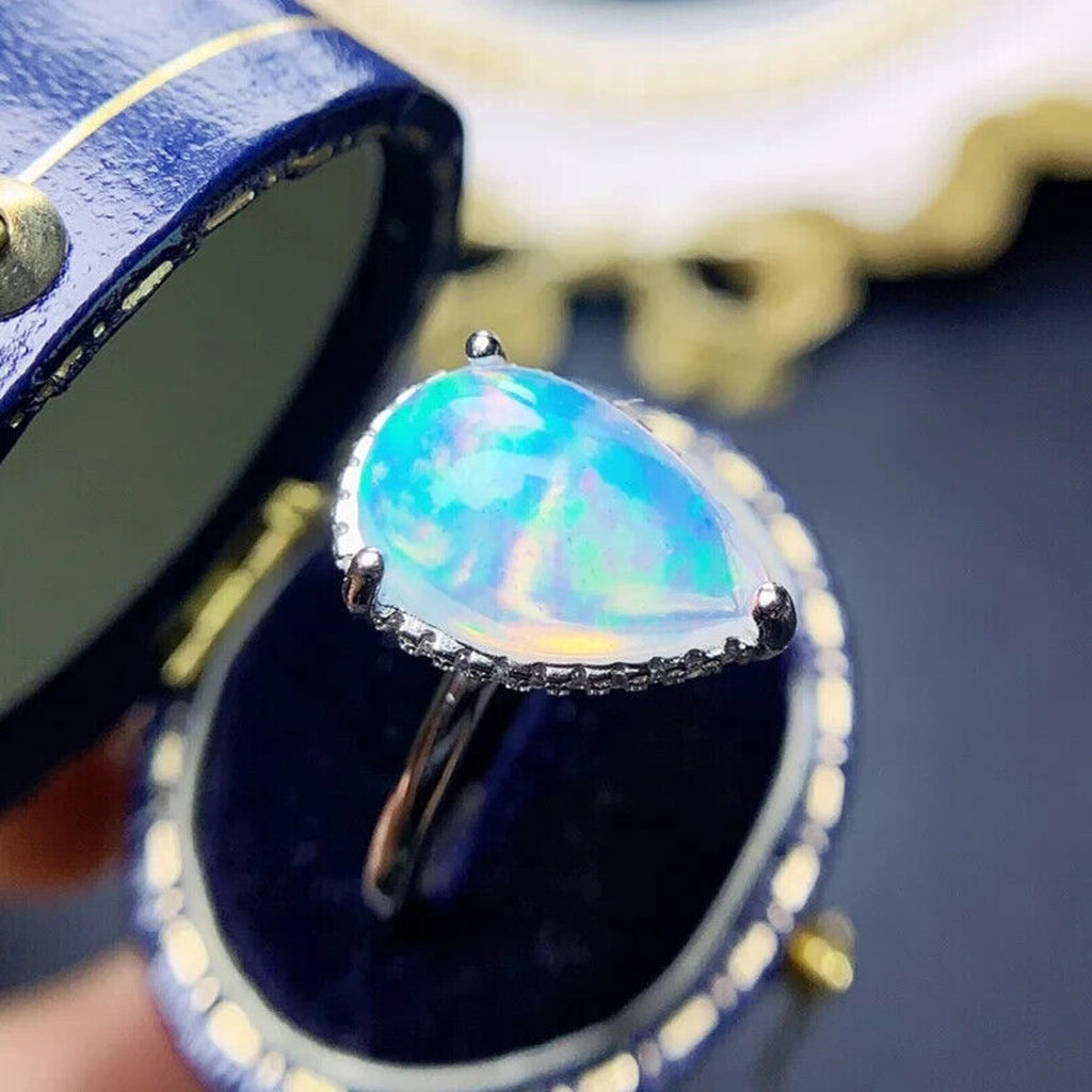 Pear Cut Fire Opal Gemstone Ring, Natural Fire Opal Statement Ring 8x12mm 1.4CT