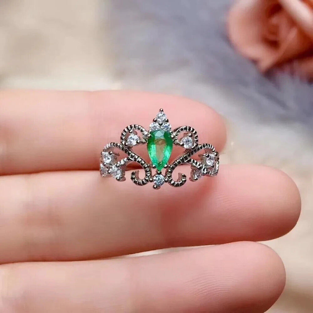 Natural Colombian Emerald Lace Cocktail Ring, Emerald Ring Sterling Silver 4x6mm