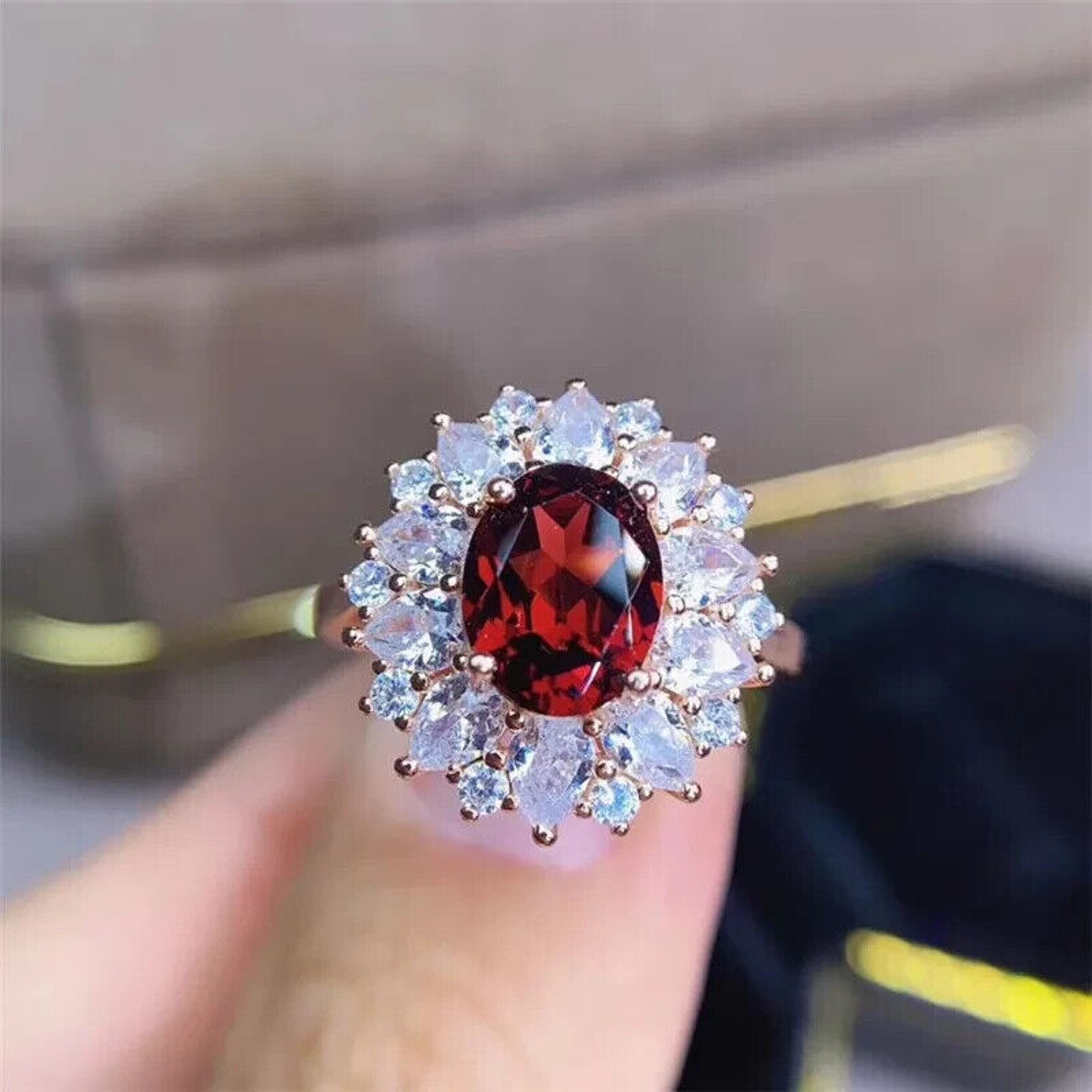 Red Garnet Cluster Statement Ring 7x9mm Platinum Pated Sterling Silver