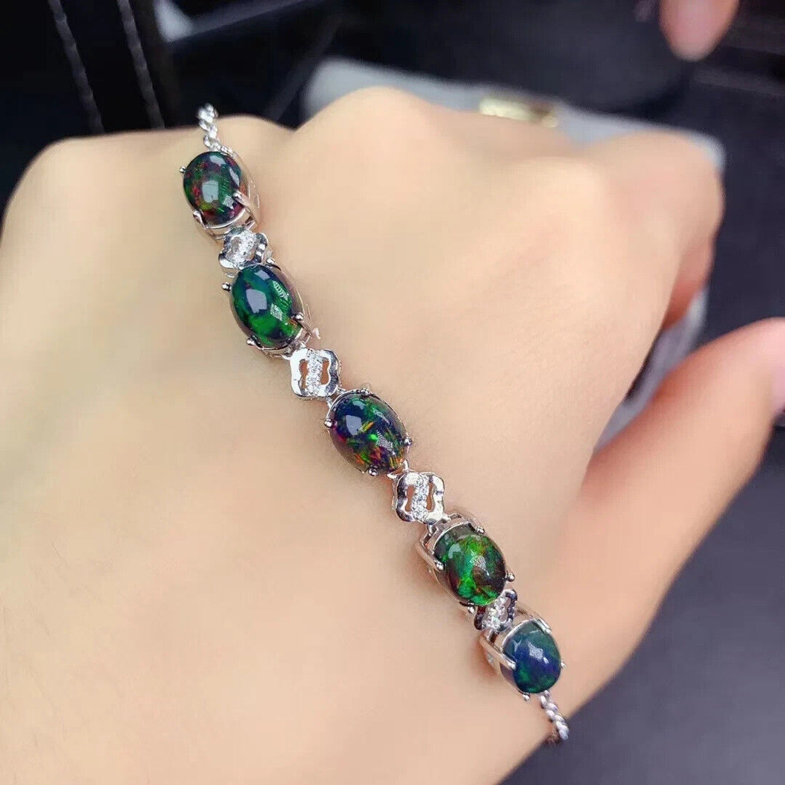 Black Fire Opal Bracelet 925 Sterling Silver, Black Opal Chain Bracelet 6x8mm