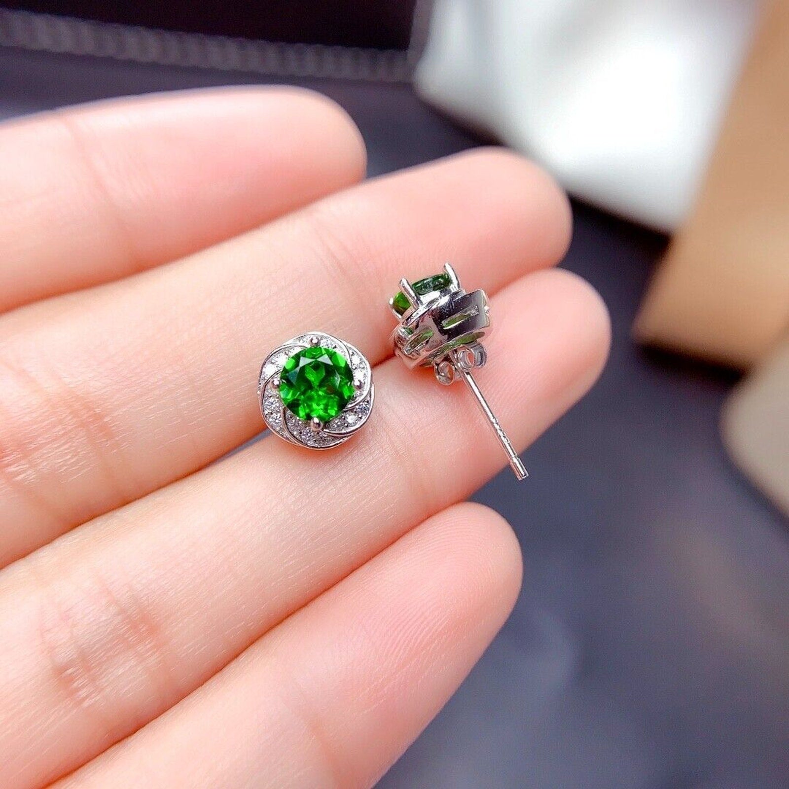 Natural Chrome Diopside Stud Earrings VVS Grade 925 Sterling Silver 5mm