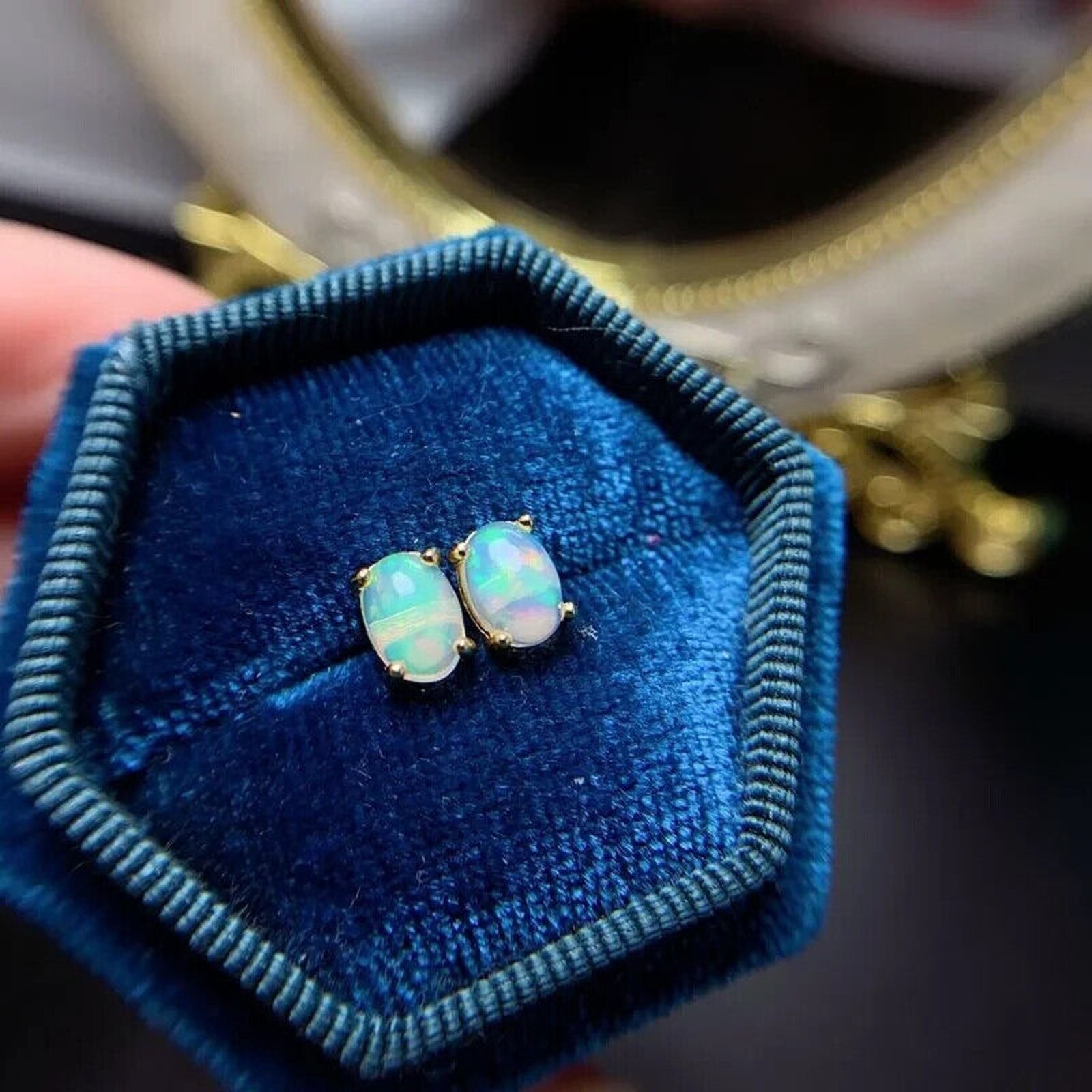 White Fire Opal Stud Earrings, Natural Opal 5x7mm Stud Earrings Sterling Silver