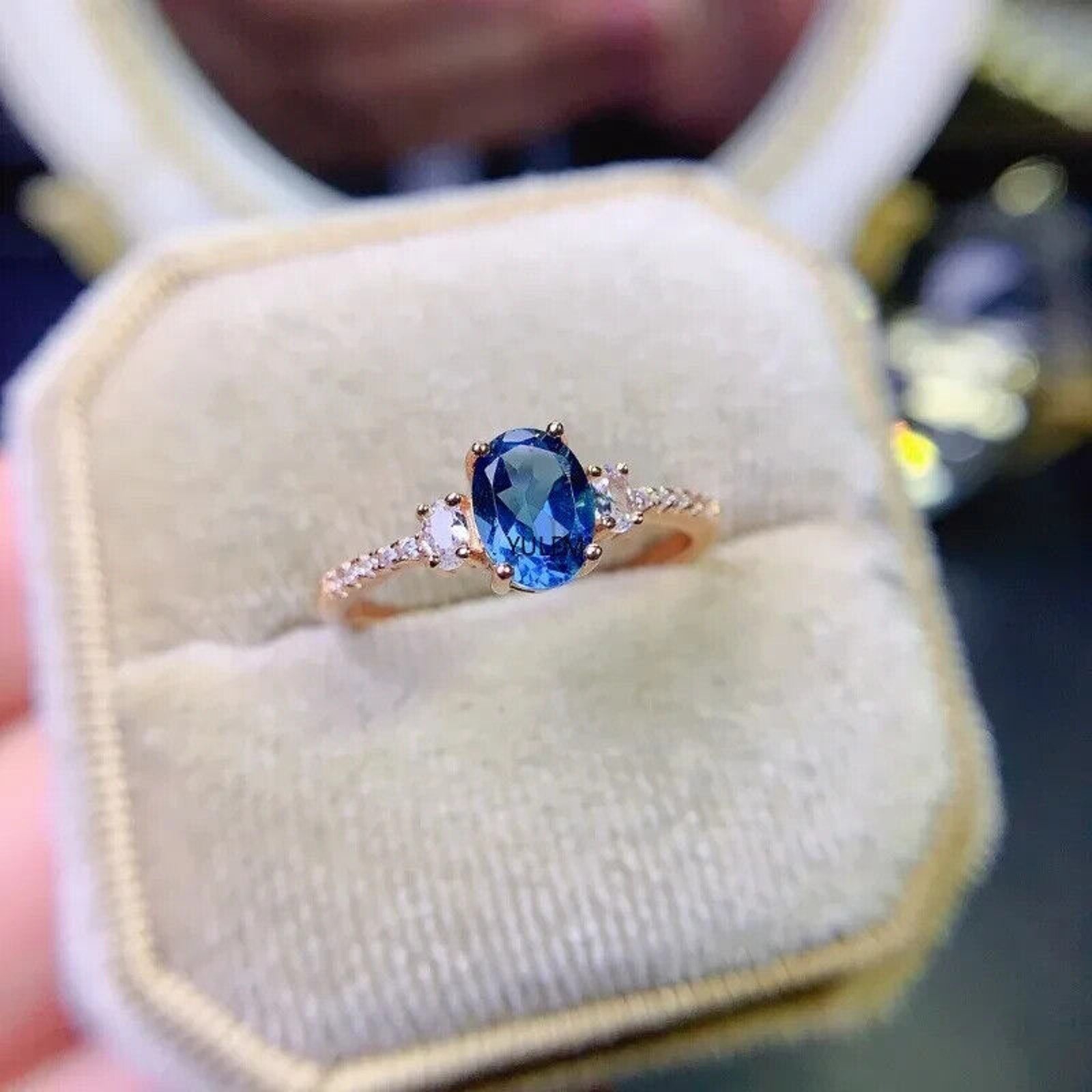 London Blue Topaz Gemstone Ring 5x7mm Platinum Plated Sterling Silver