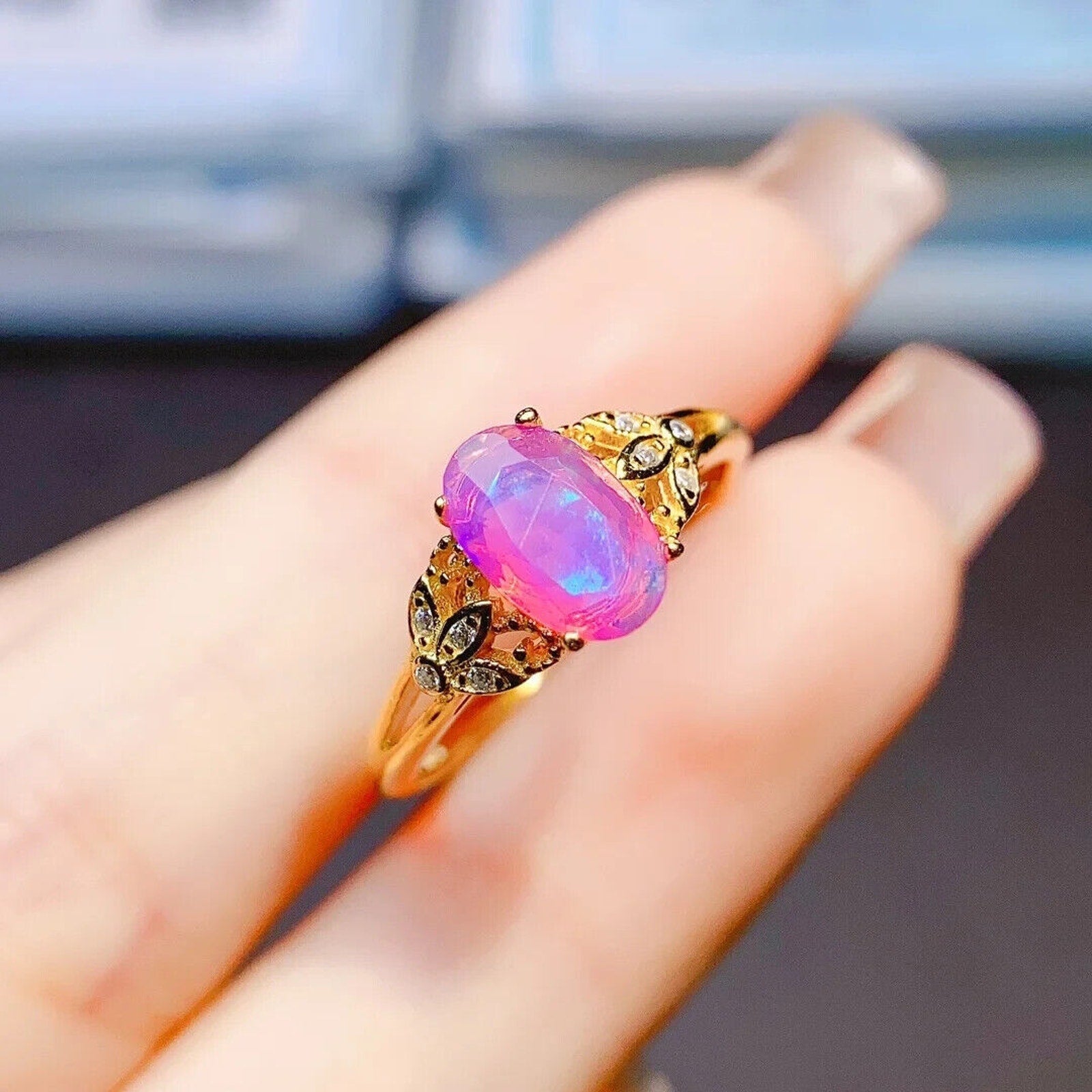Pink Fire Opal Cluster Ring 5x8mm, Sterling Silver Natural Pink Fire Opal Ring