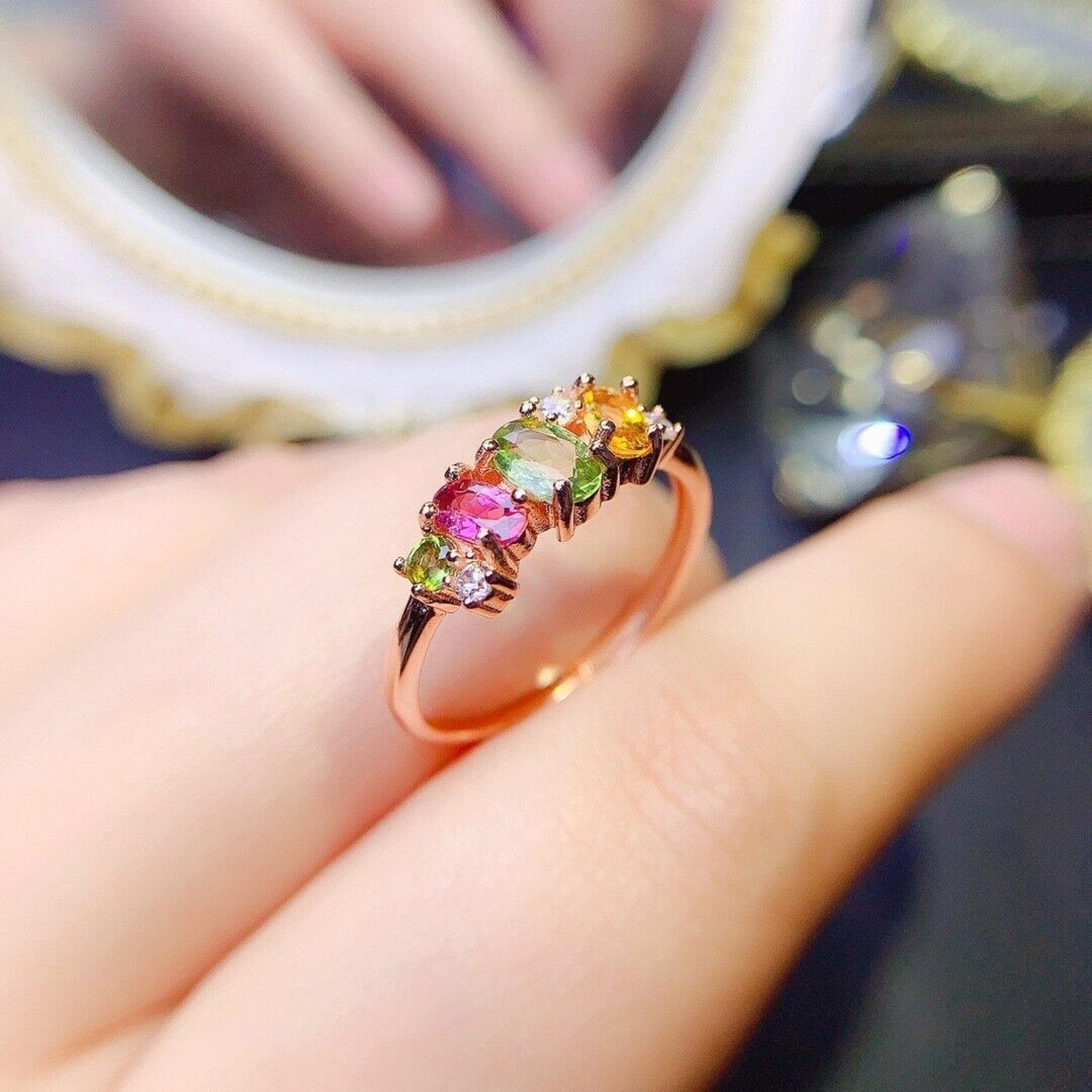 Natural Tourmaline Cluster Band Ring, Multicolor Tourmaline Sterling Silver Ring