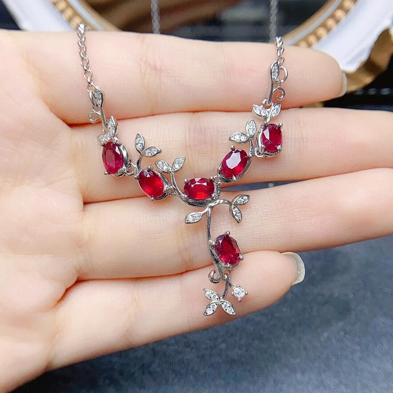 Natural Ruby Leaflet Necklace, Genuine Ruby Chain Necklace Sterling Silver