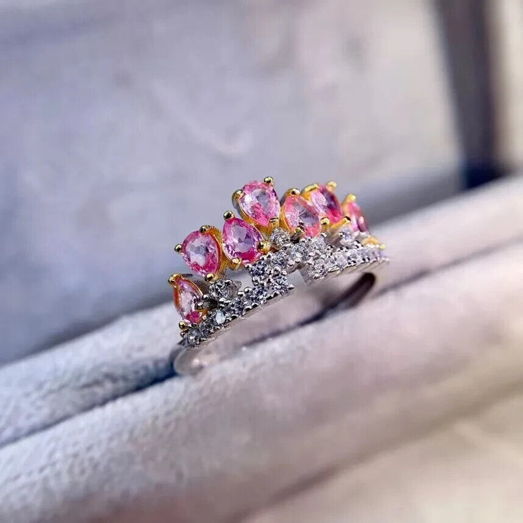 Natural Pink Sapphire Crown Ring, Sapphire Ring 18k White Gold Plated