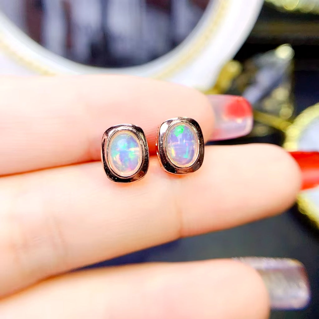 Natural Fire Opal Earrings, Women's Opal Stud Earrings 925 Sterling Silver 5x7mm
