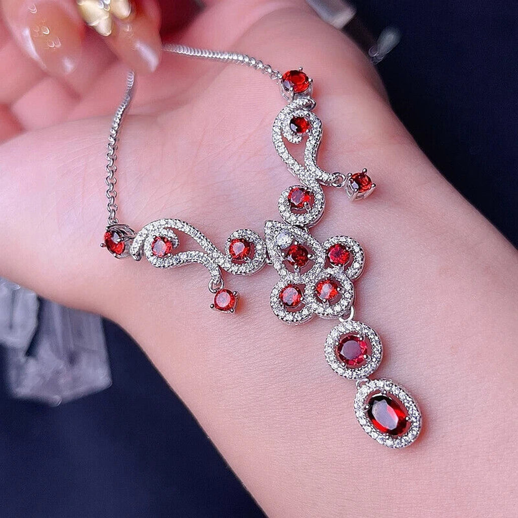 Red Garnet Gemstone Statement Necklace, Garnet Necklace 925 Sterling Silver