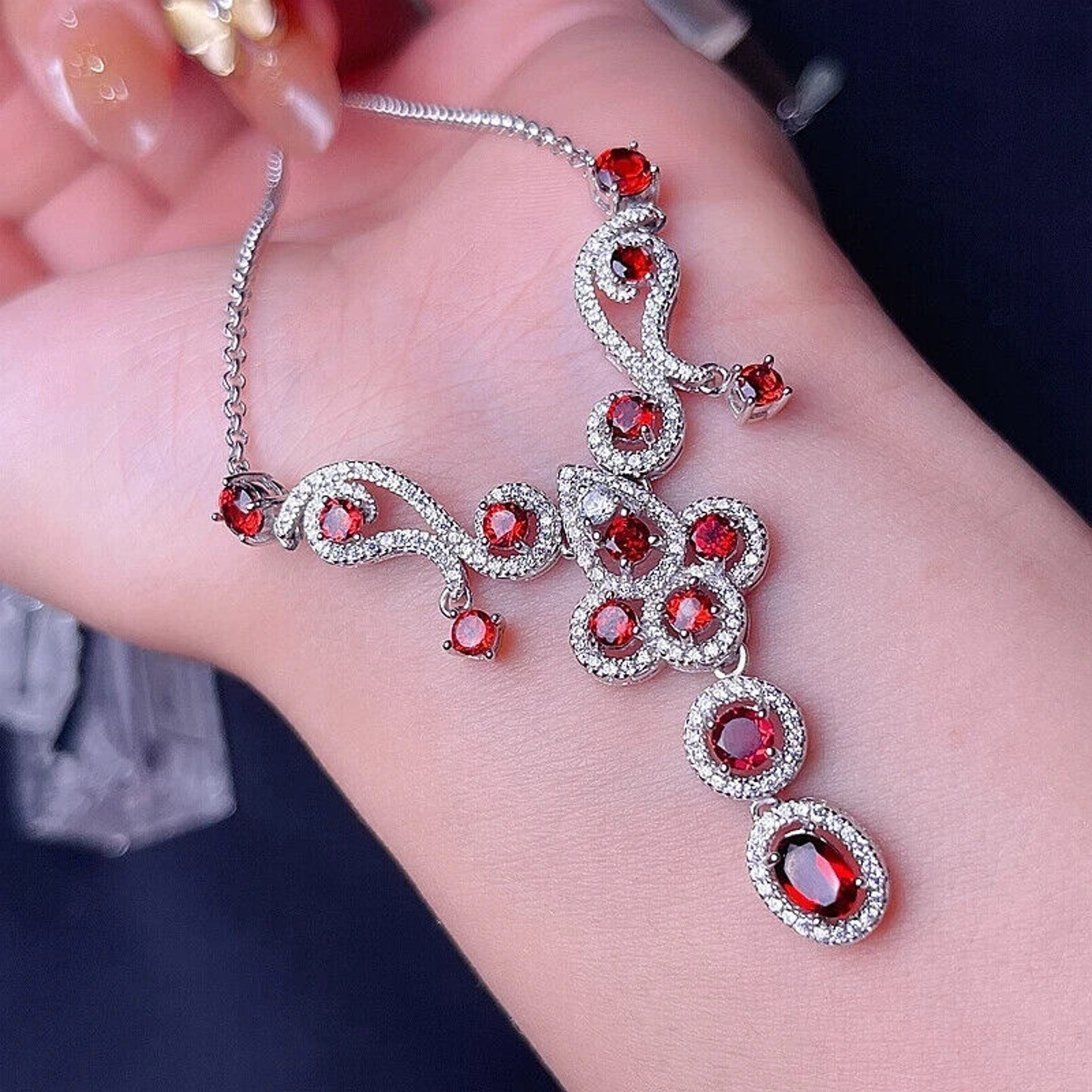 Red Garnet Gemstone Statement Necklace, Garnet Necklace 925 Sterling Silver