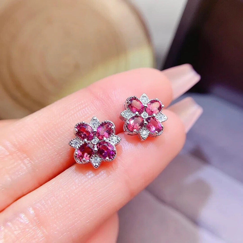 Pink Topaz Flower Cluster Earrings, Pink Topaz Stud Earrings 3x4mm 925 Sterling