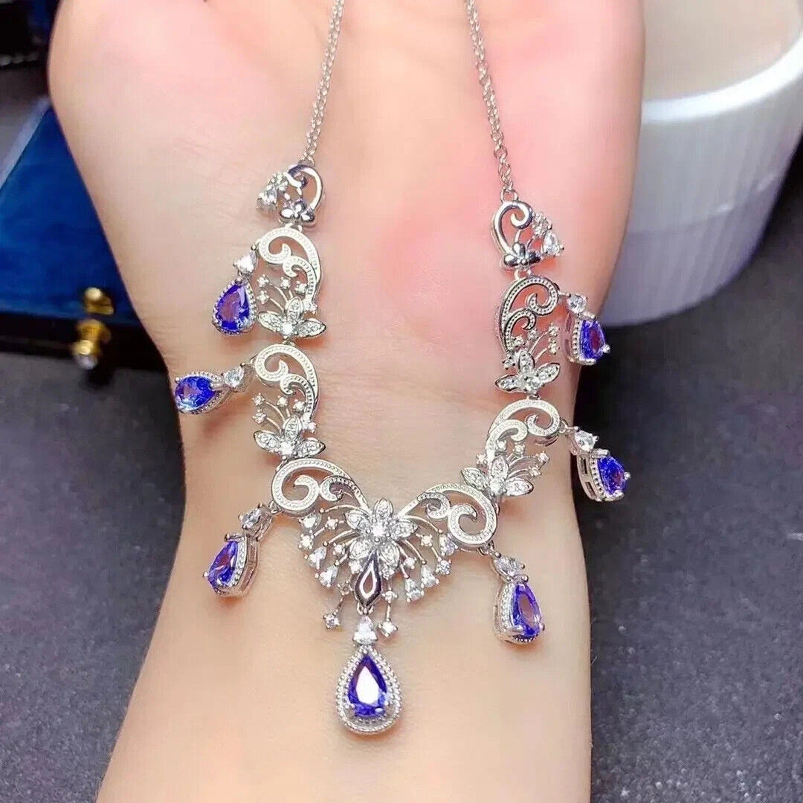 Natural Purple Tanzanite Statement Necklace 4x6mm 925 Sterling Silver, Tanzanite