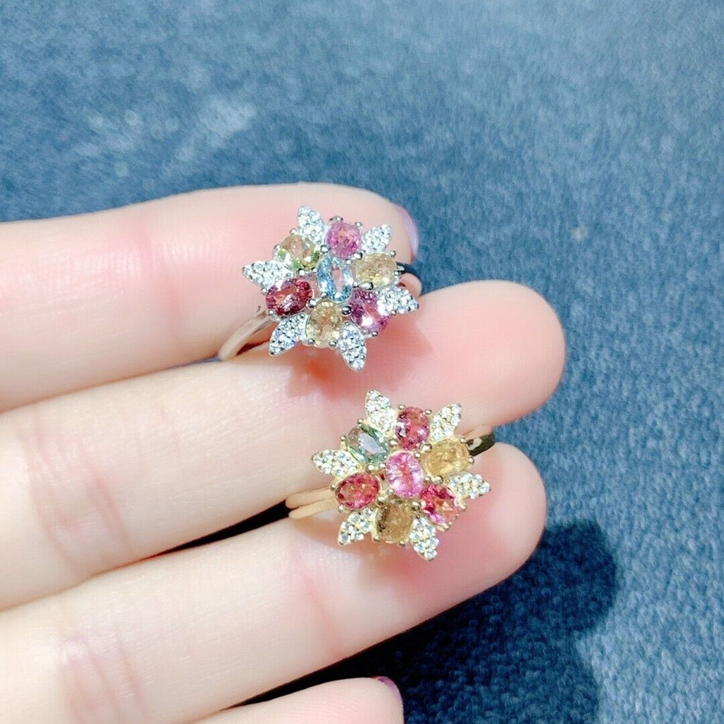 Natural Tourmaline Flower Cluster Ring, Women's Tourmaline Rings Silver
