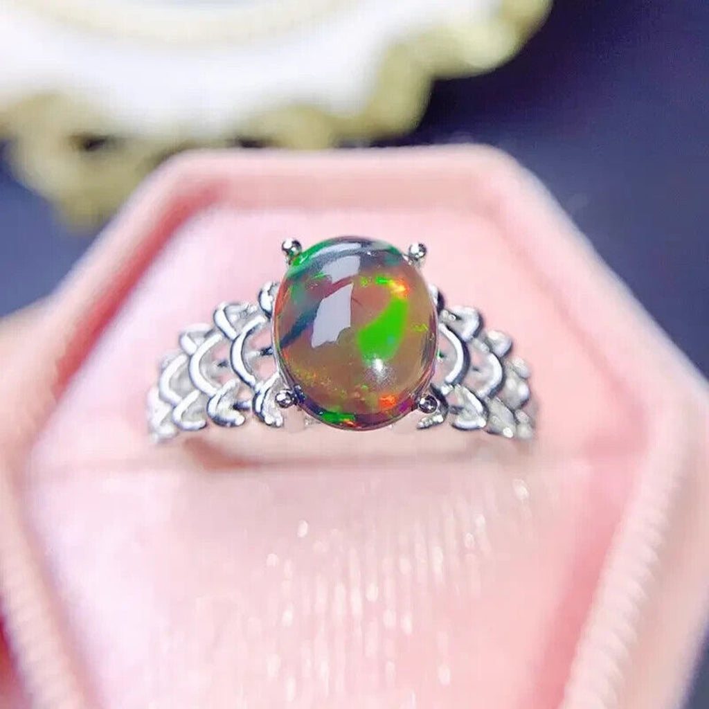 Colorful Black Fire Opal Statement Ring 8x10mm 1.7CT, Natural Fire Opal Ring