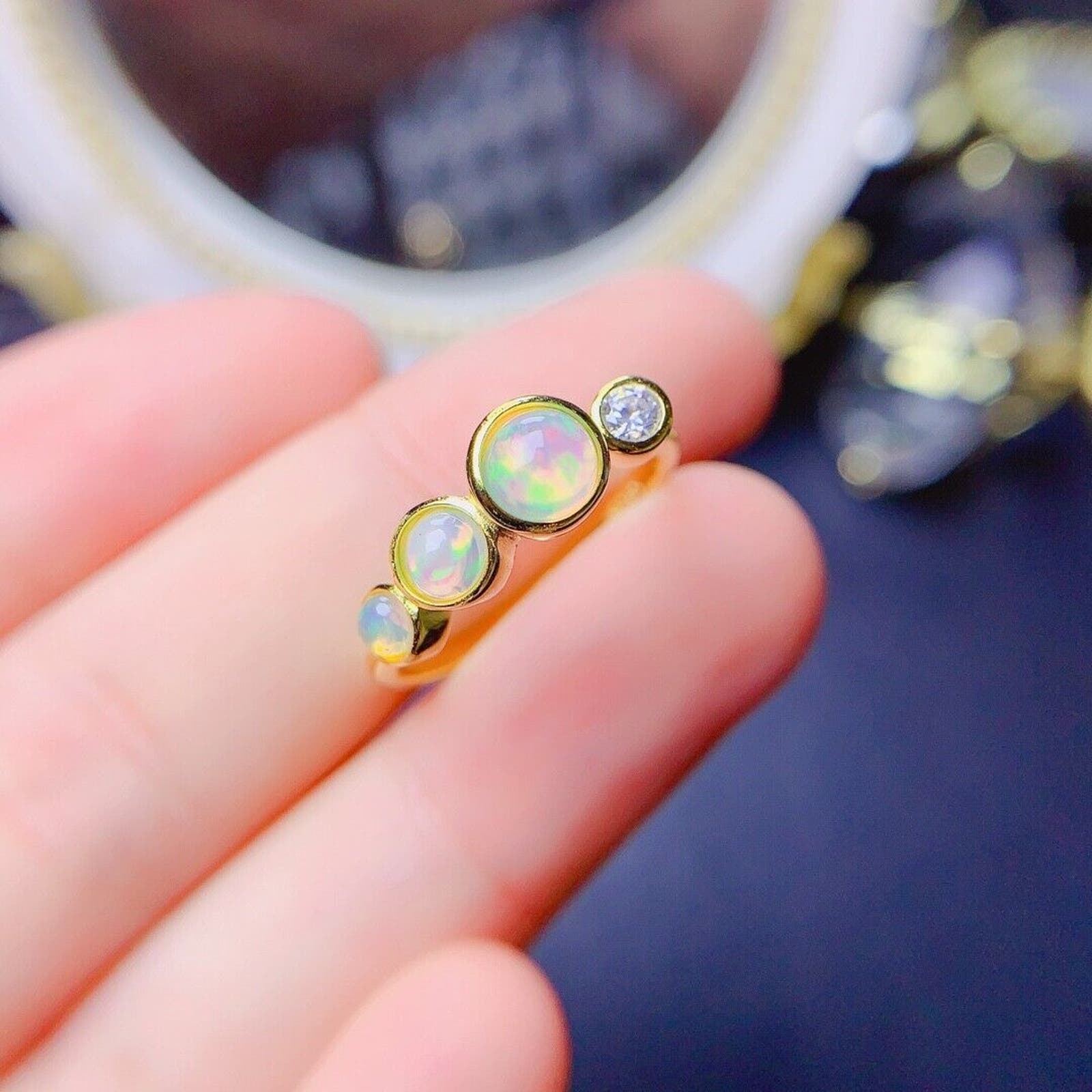 Adjustable Opal Stacking Ring, Stackable Opal Ring, Bezel Set Opal Ring