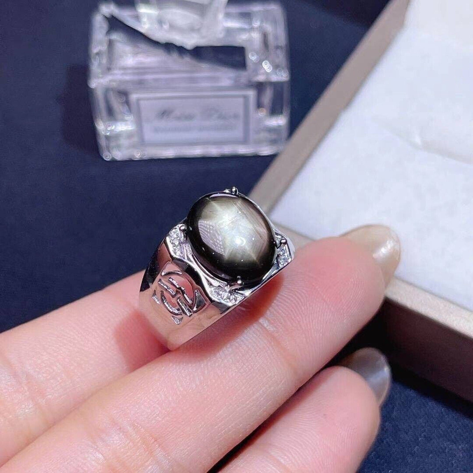 Men's Star Sapphire Ring, 10x12mm Natural Gray Star Sapphire Ring 925 Sterling