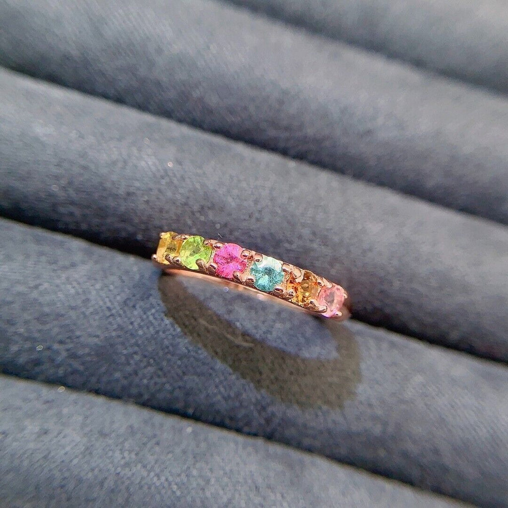 Natural Tourmaline Gemstone Band Ring, Women's Multicolor Tourmaline Band Ring