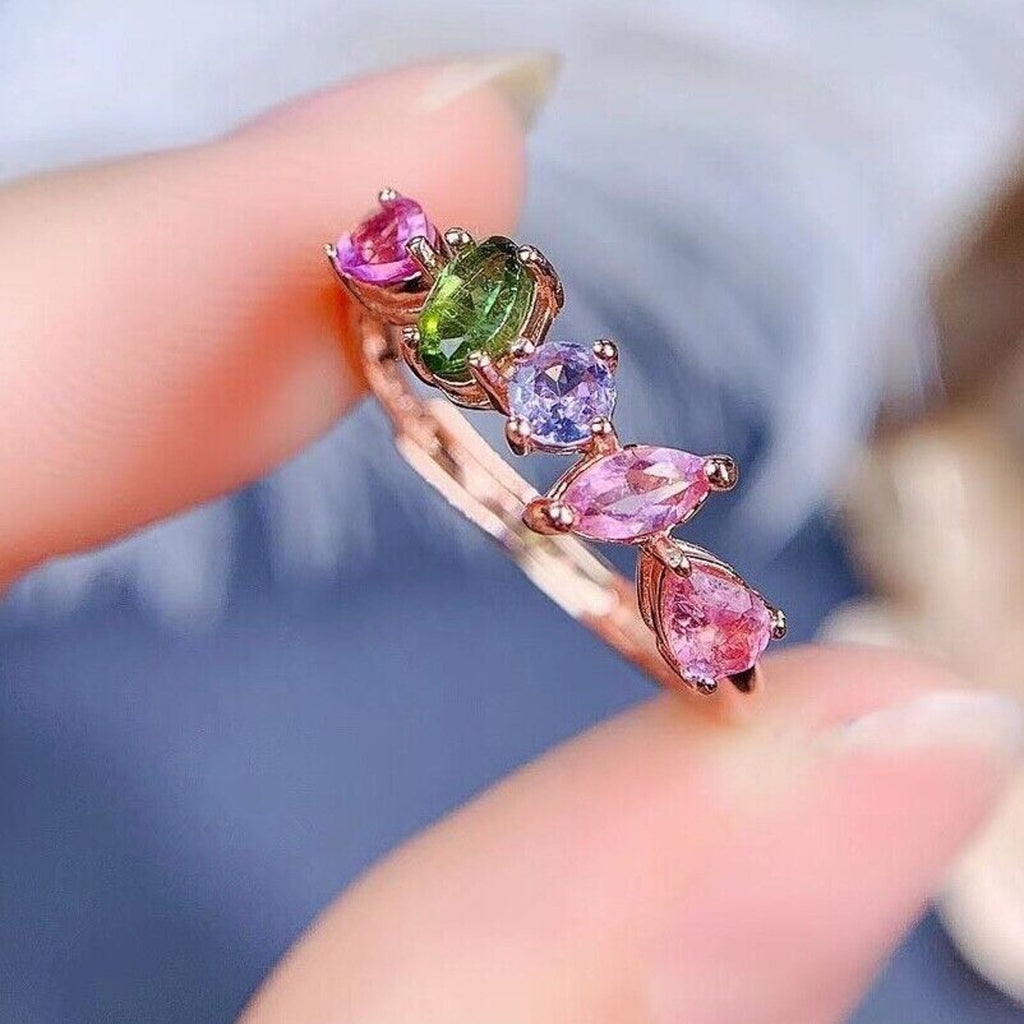 Natural Tourmaline Gemstone Band Ring, Irregular Shape Tourmaline Band Ring