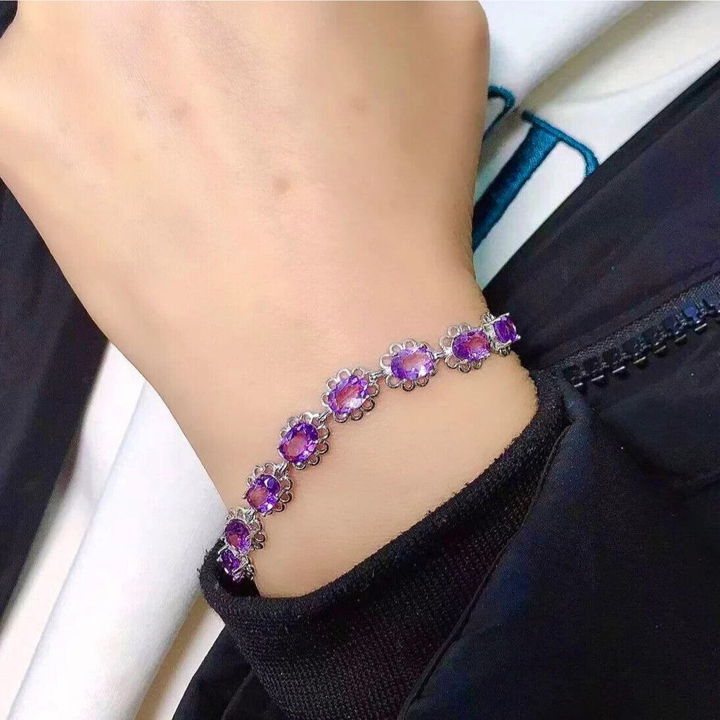 Amethyst Tennis Bracelet, Natural Amethyst Flower Bracelet 5x7mm Sterling Silver