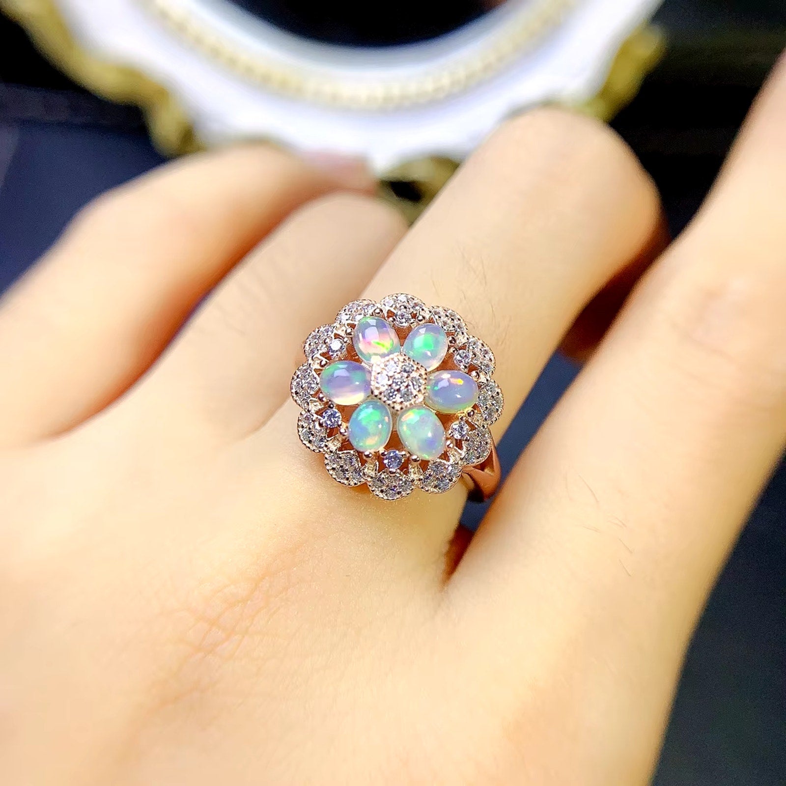 Fire Opal Cluster Pendant Necklace and Ring, Natural Opal Jewelry Set