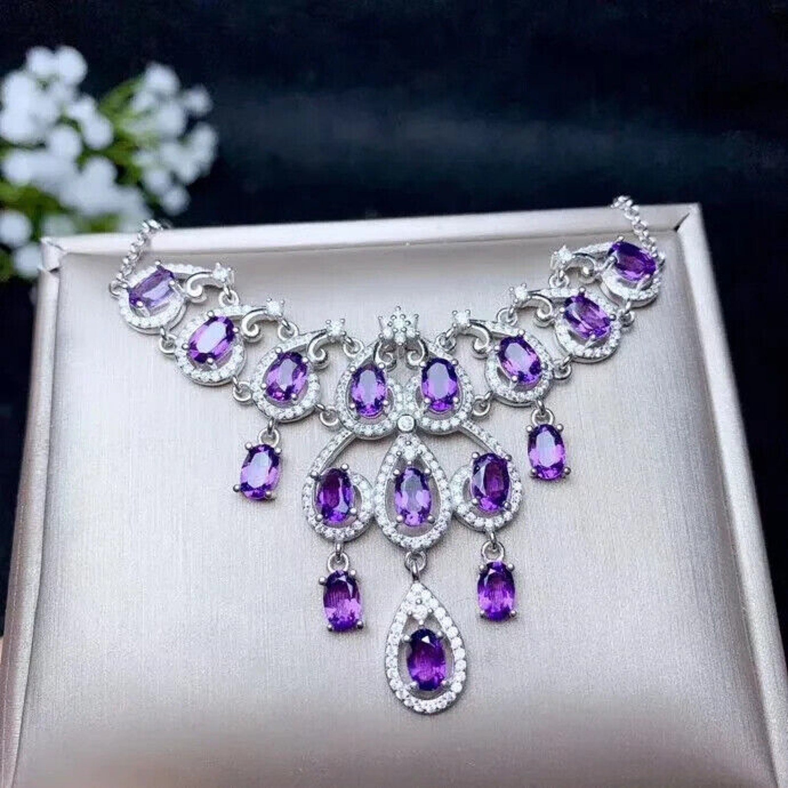 Amethyst Statement Necklace, Natural Amethyst Gemstone Necklace 925 Sterling