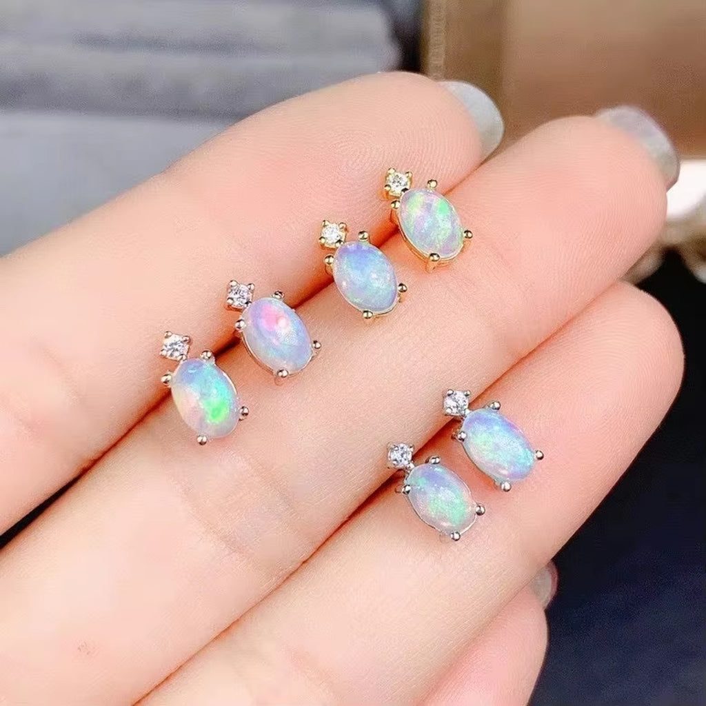 Natural Fire Opal Earrings, Women's Opal Stud Earrings 925 Sterling Silver 4x6mm