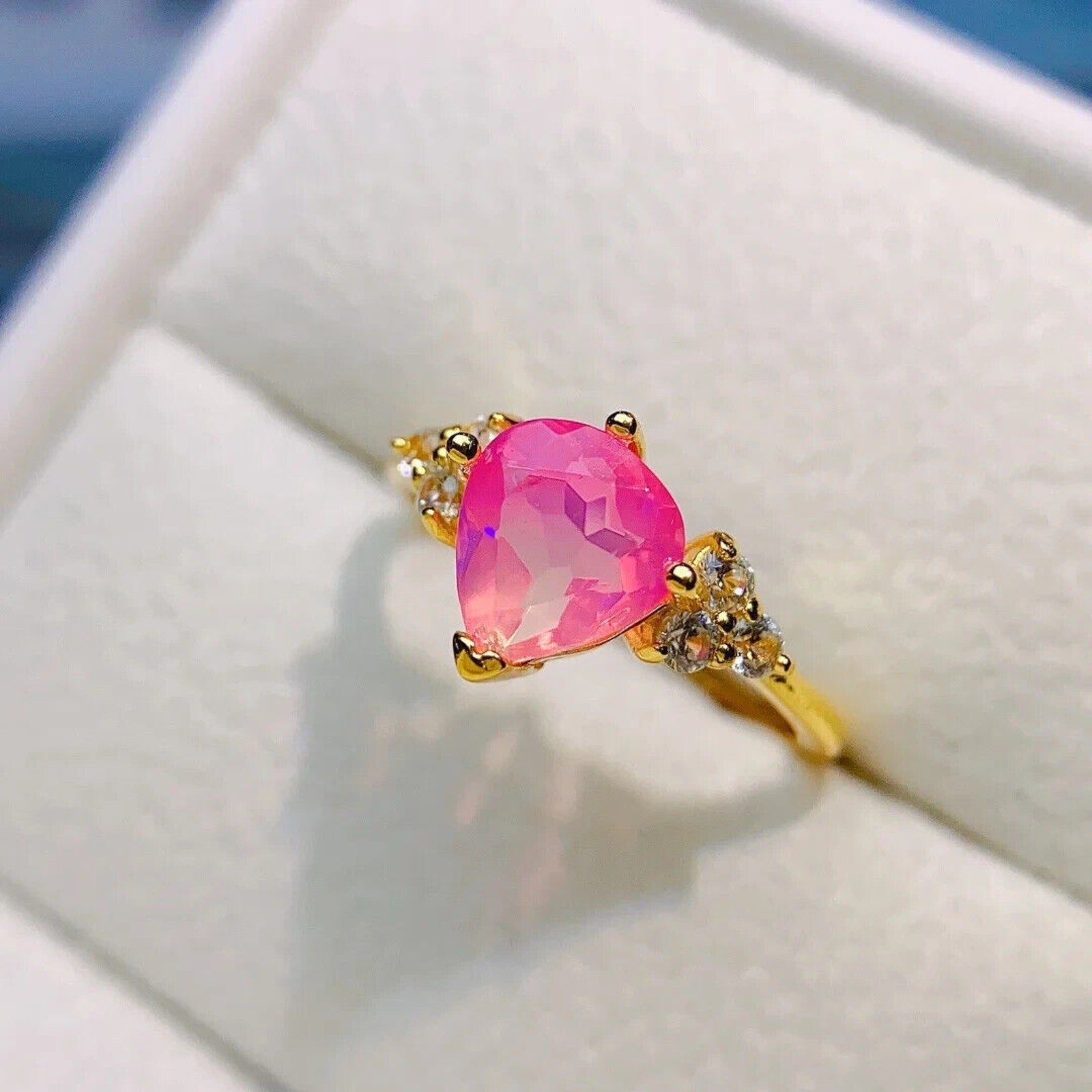 Pink Fire Opal Cluster Ring 7mm, Natural Pink Fire Opal Ring 925 Sterling