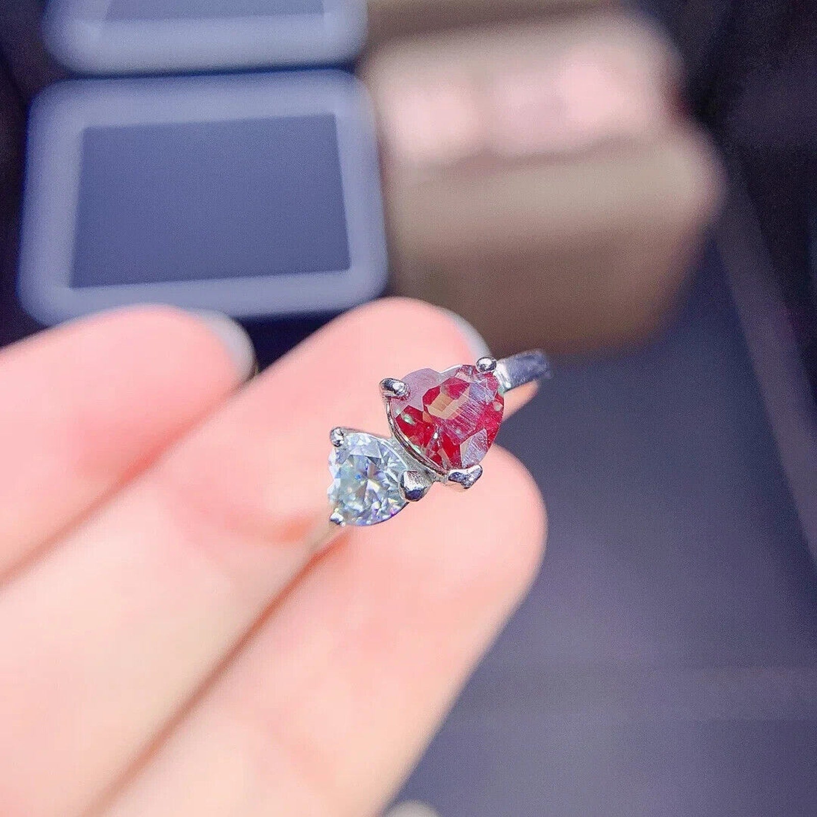 Lab Alexandrite Gemstone Heart Ring with Moissanite Heart