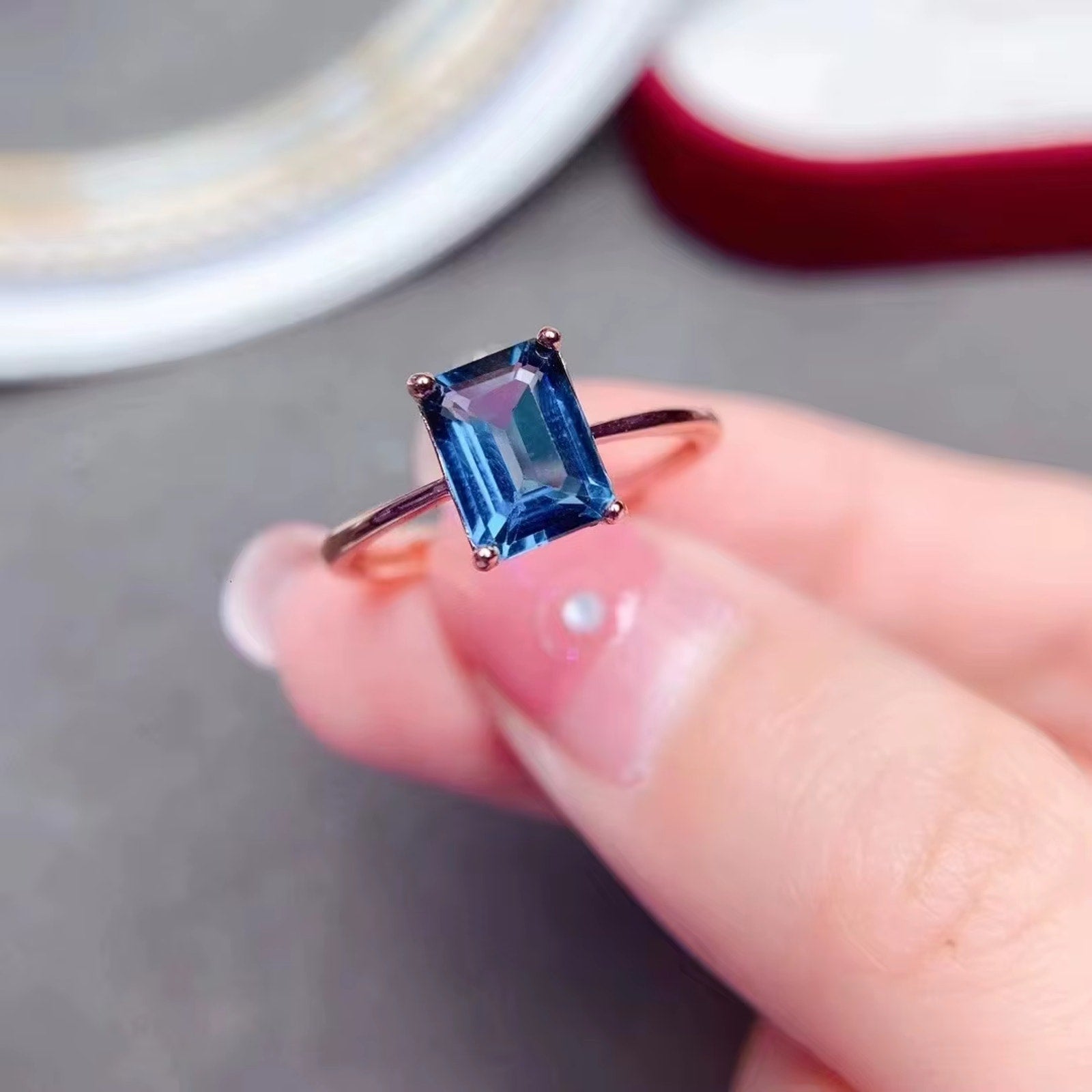 1.2CT Emerald Cut London Blue Topaz Ring 925 Sterling Silver