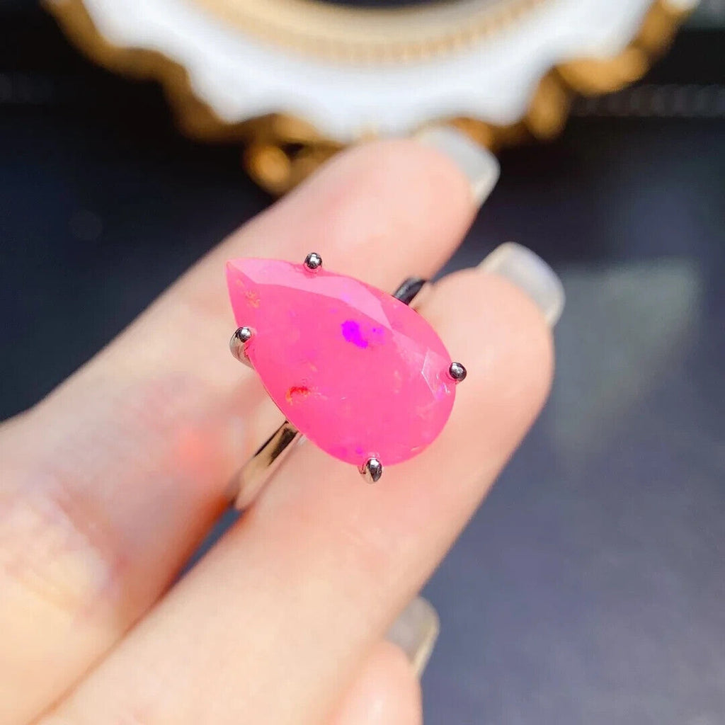 Pear Cut Pink Opal Ring 10x16mm, Pink Fire Opal Statement Ring Sterling Silver