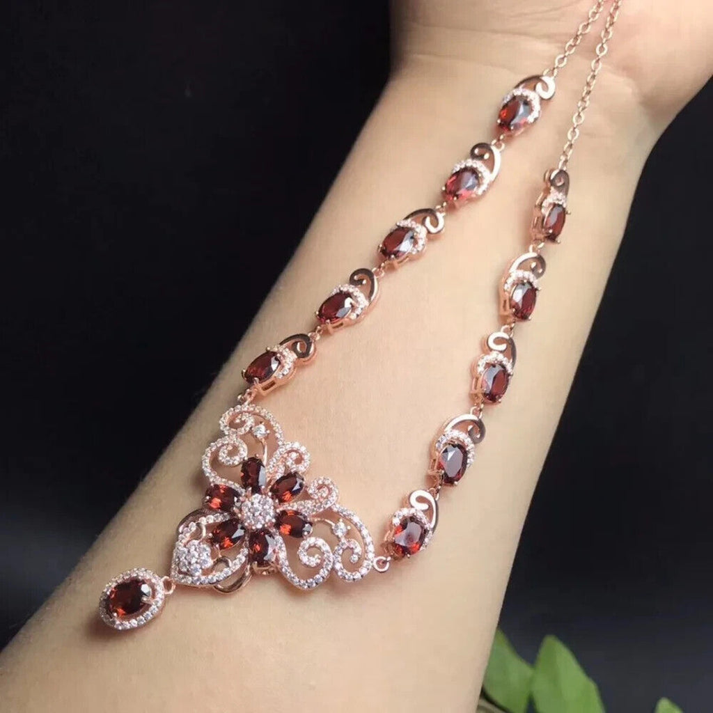 Red Garnet Flower Statement Necklace, Natural Garnet Gemstone Necklace 925
