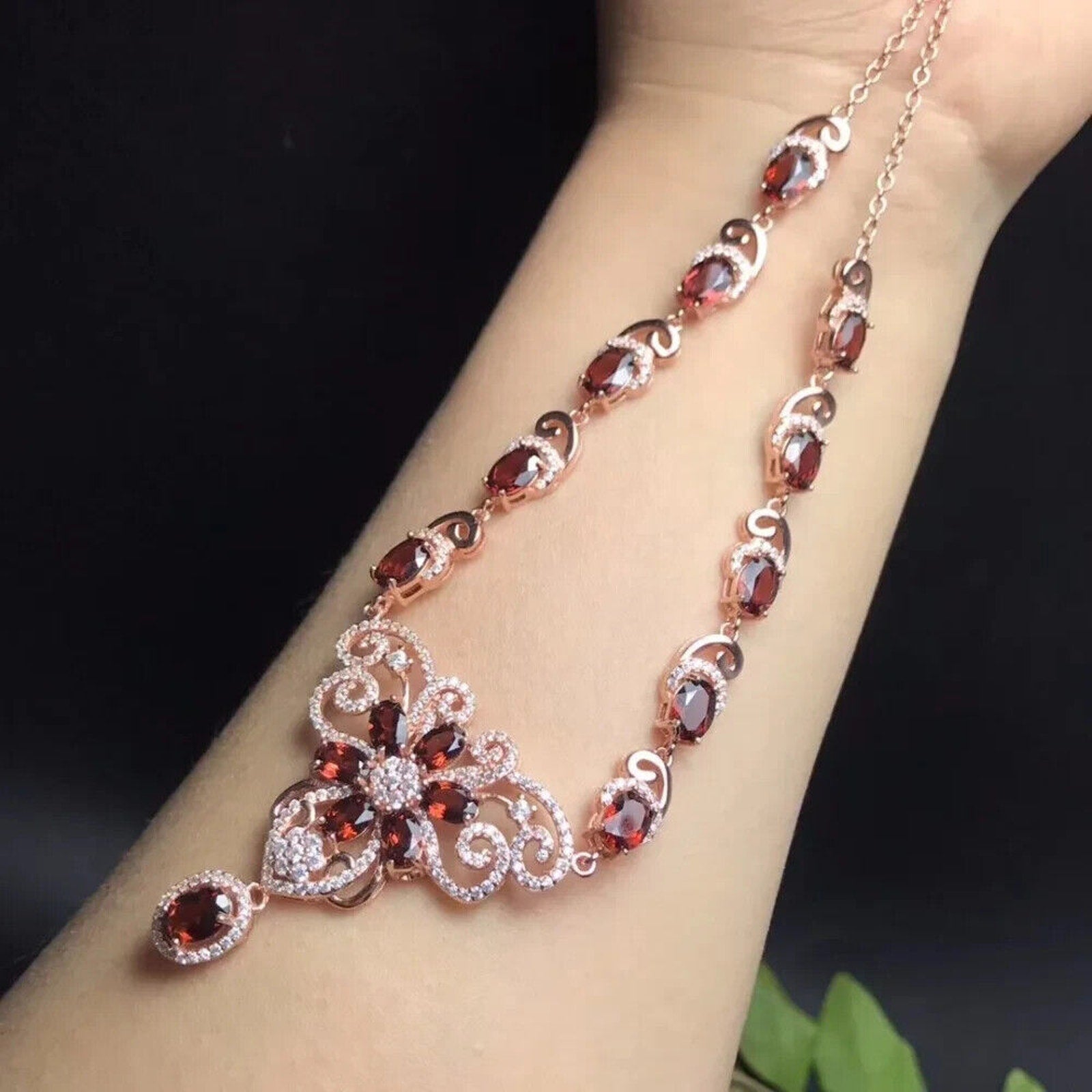 Red Garnet Flower Statement Necklace, Natural Garnet Gemstone Necklace 925