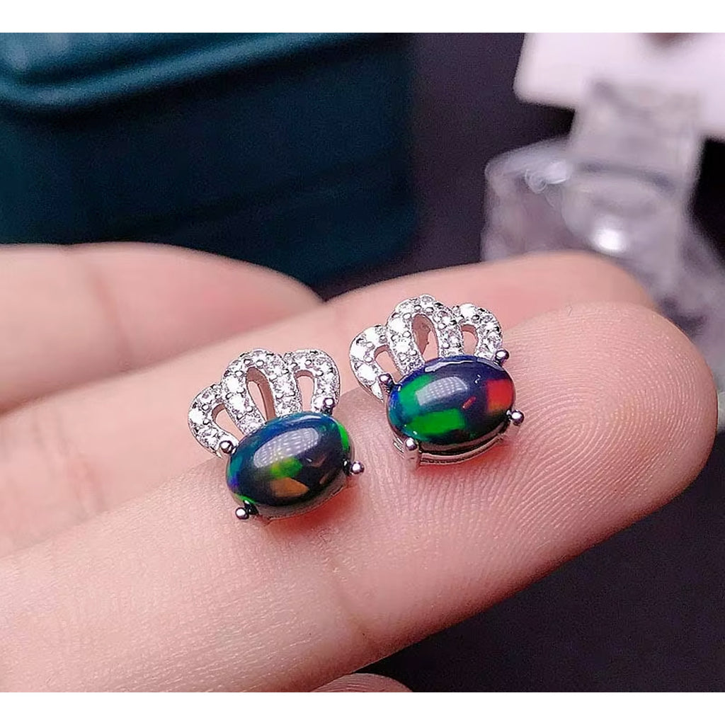 Black Fire Opal Crown Earrings Colorful Black Fire Opal Earrings Sterling Silver