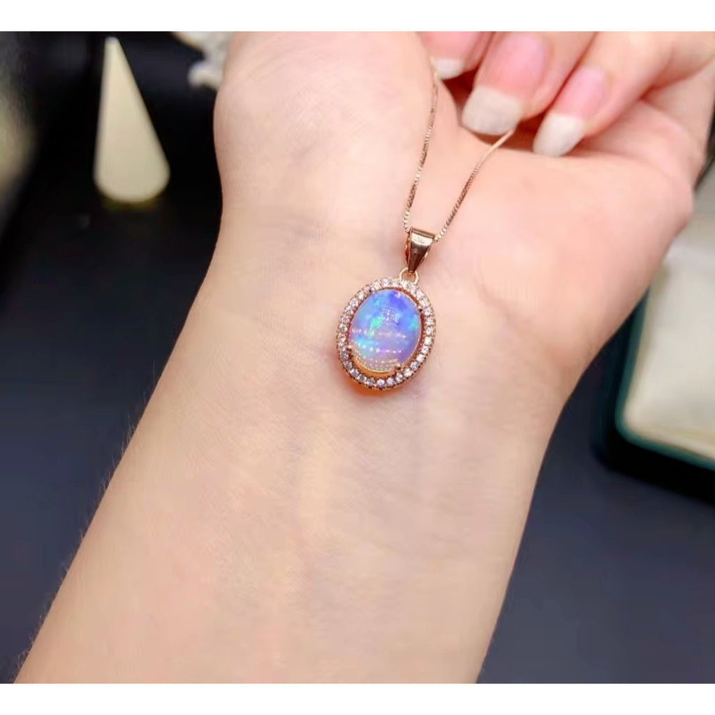 Natural Fire Opal Pendant Necklace 8x10mm, Genuine Fire Opal Necklace