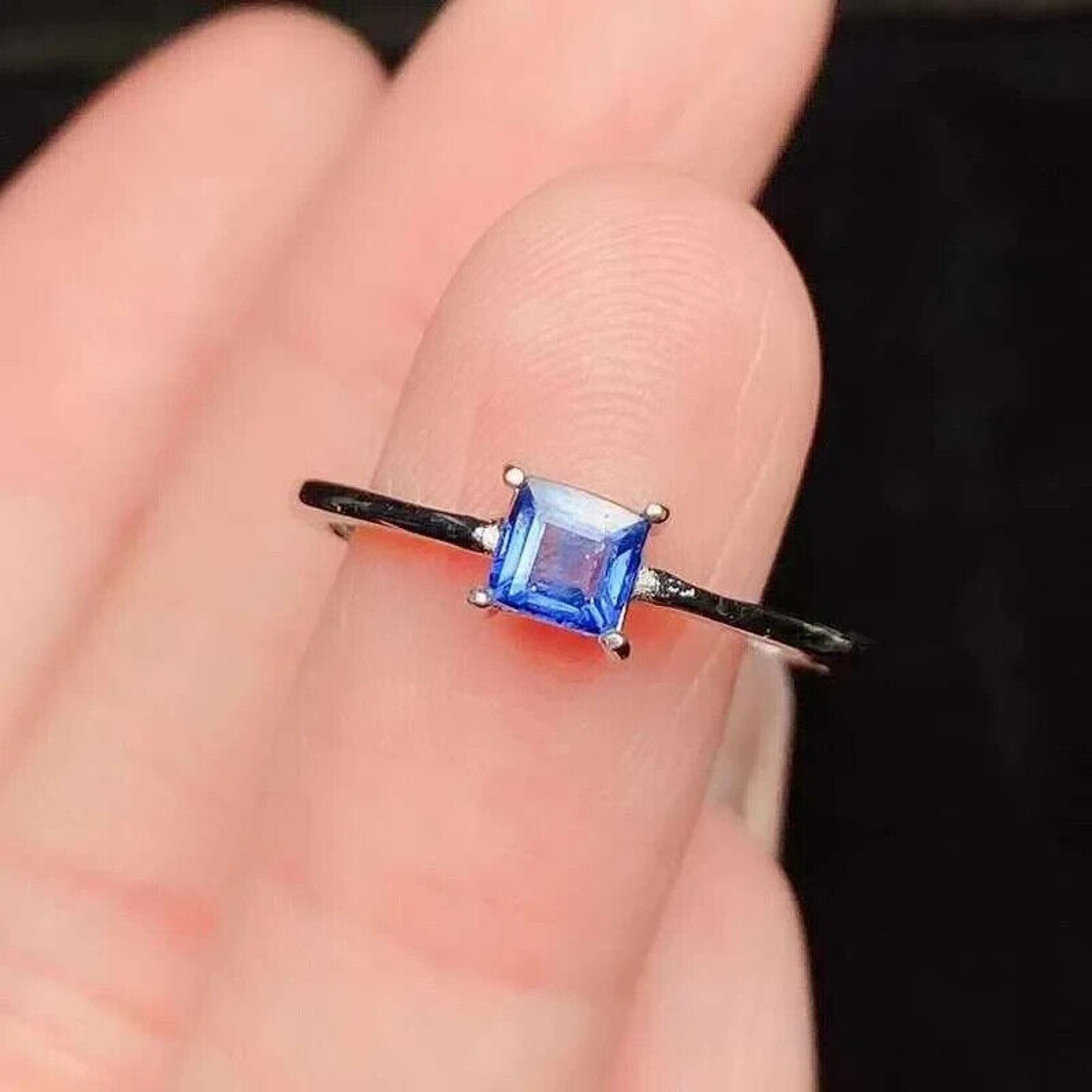 Dainty Square Sapphire Ring, Natural Blue Sapphire Ring 4mm 925 Sterling Silver