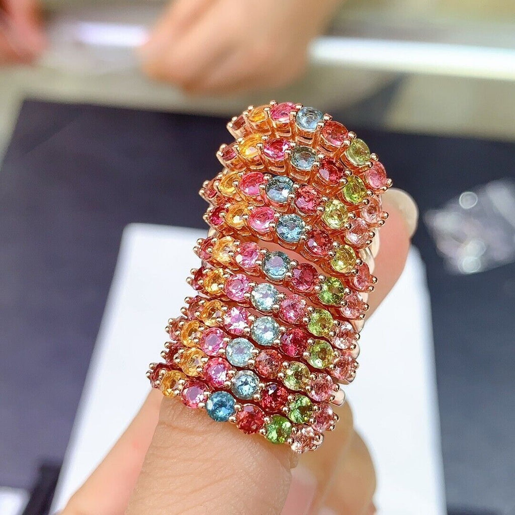 Natural Tourmaline Gemstone Band Ring, Women's Multicolor Tourmaline Band Ring