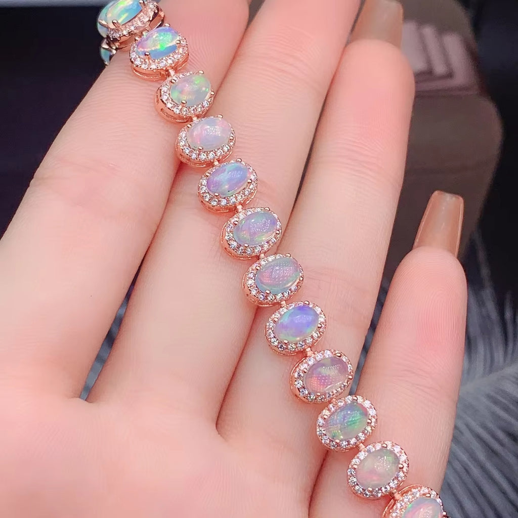 Fire Opal Bracelet, Natural Opal Tennis Bracelet 925 Sterling Silver