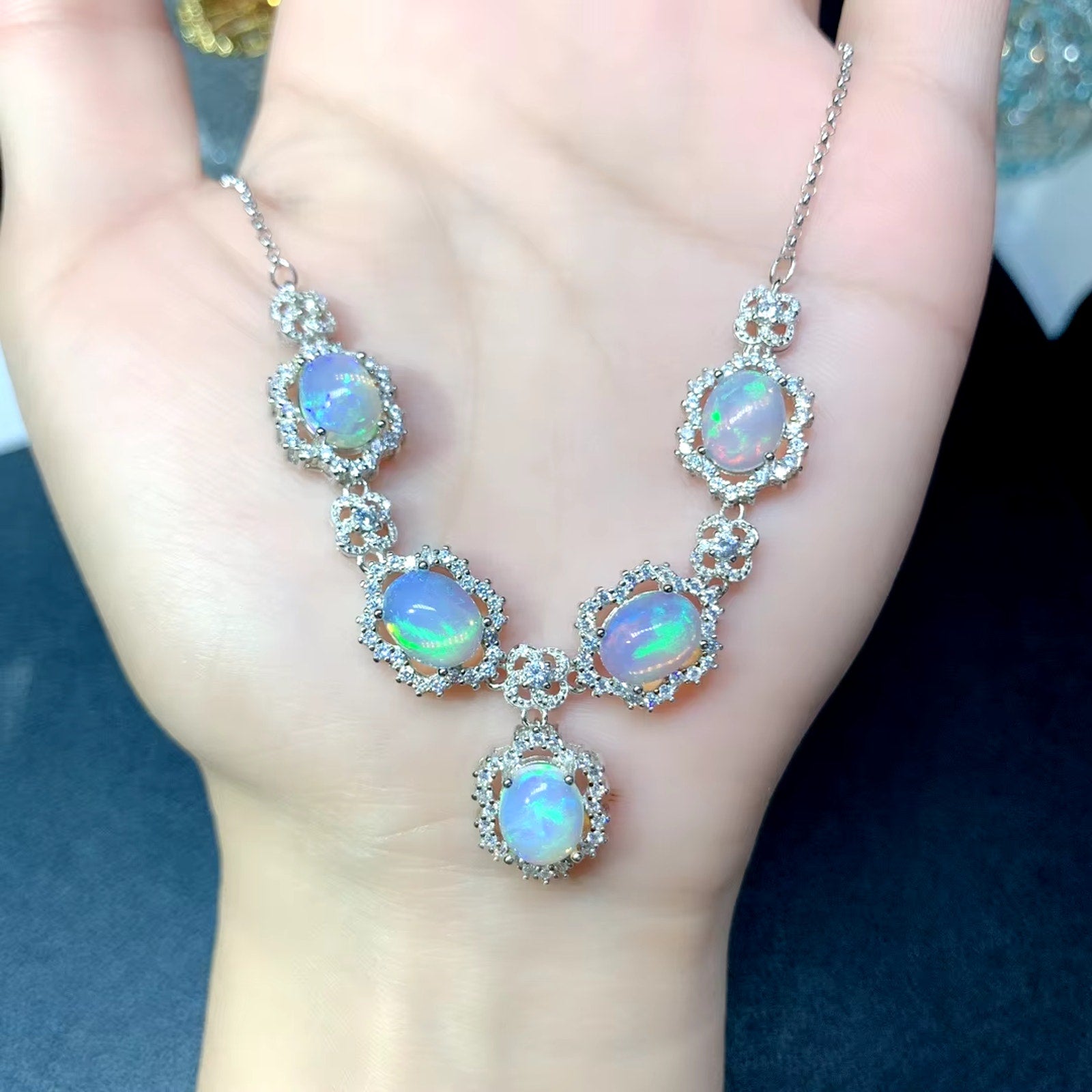 Natural Fire Opal Necklace, Women's Opal Necklace 925 Sterling Silver 7x9mm