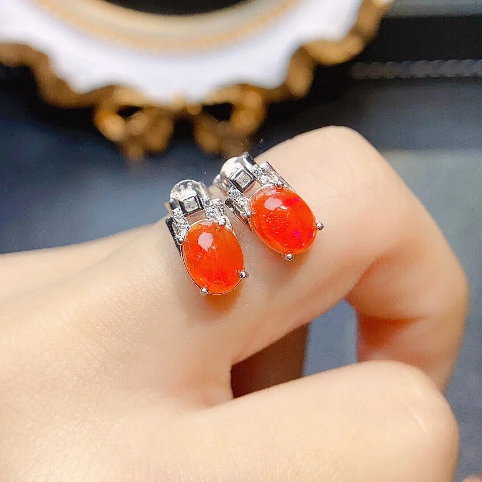 Orange Fire Opal Stud Earrings 6x8mm, Natural Orange Fire Opal Earrings